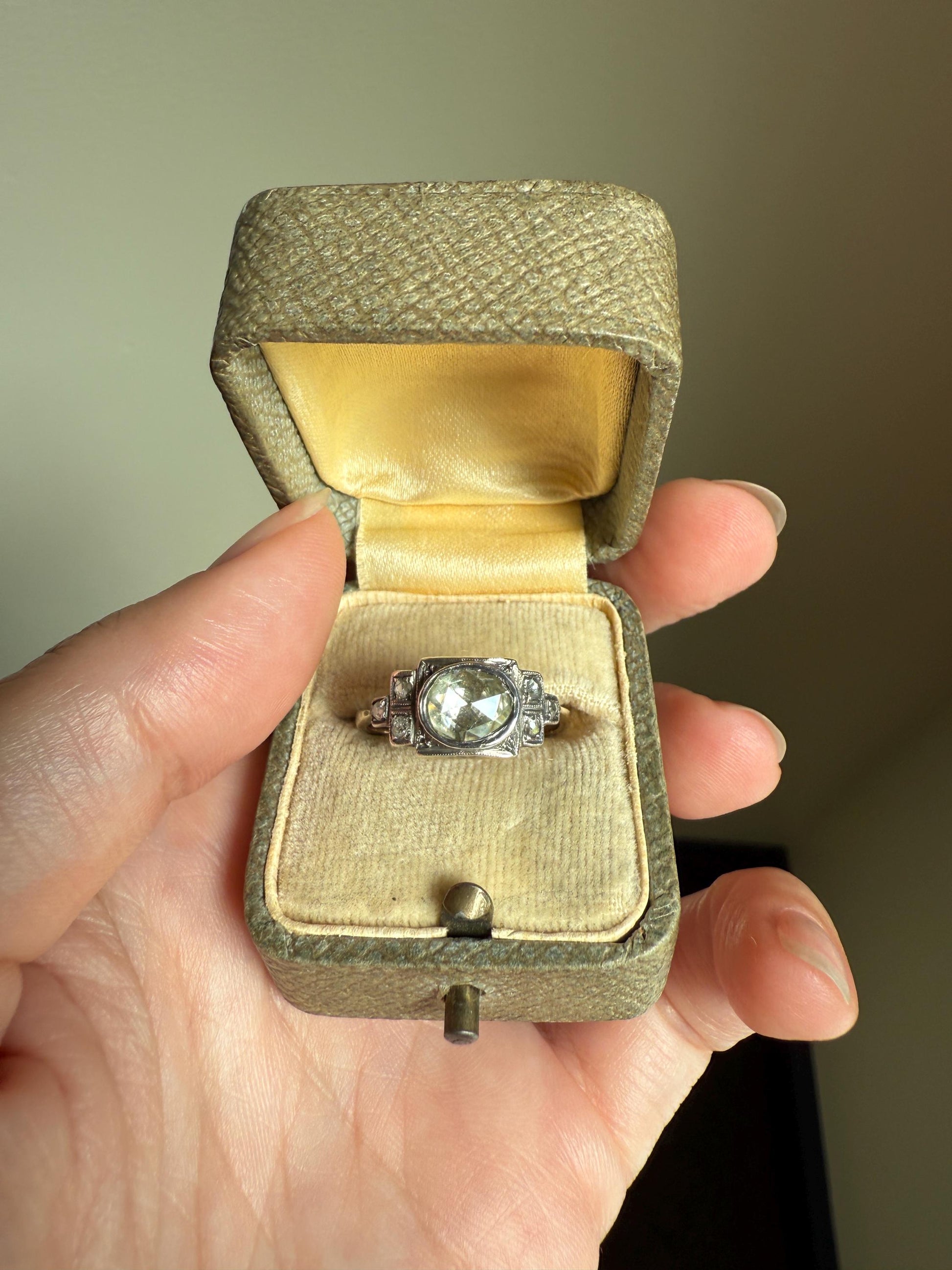 East West Large 1 Carat + Rose Cut DIAMOND Geometric Art Deco Seven Stone 14k Gold Silver Topped Antique Ring Stacker Georgian Revival