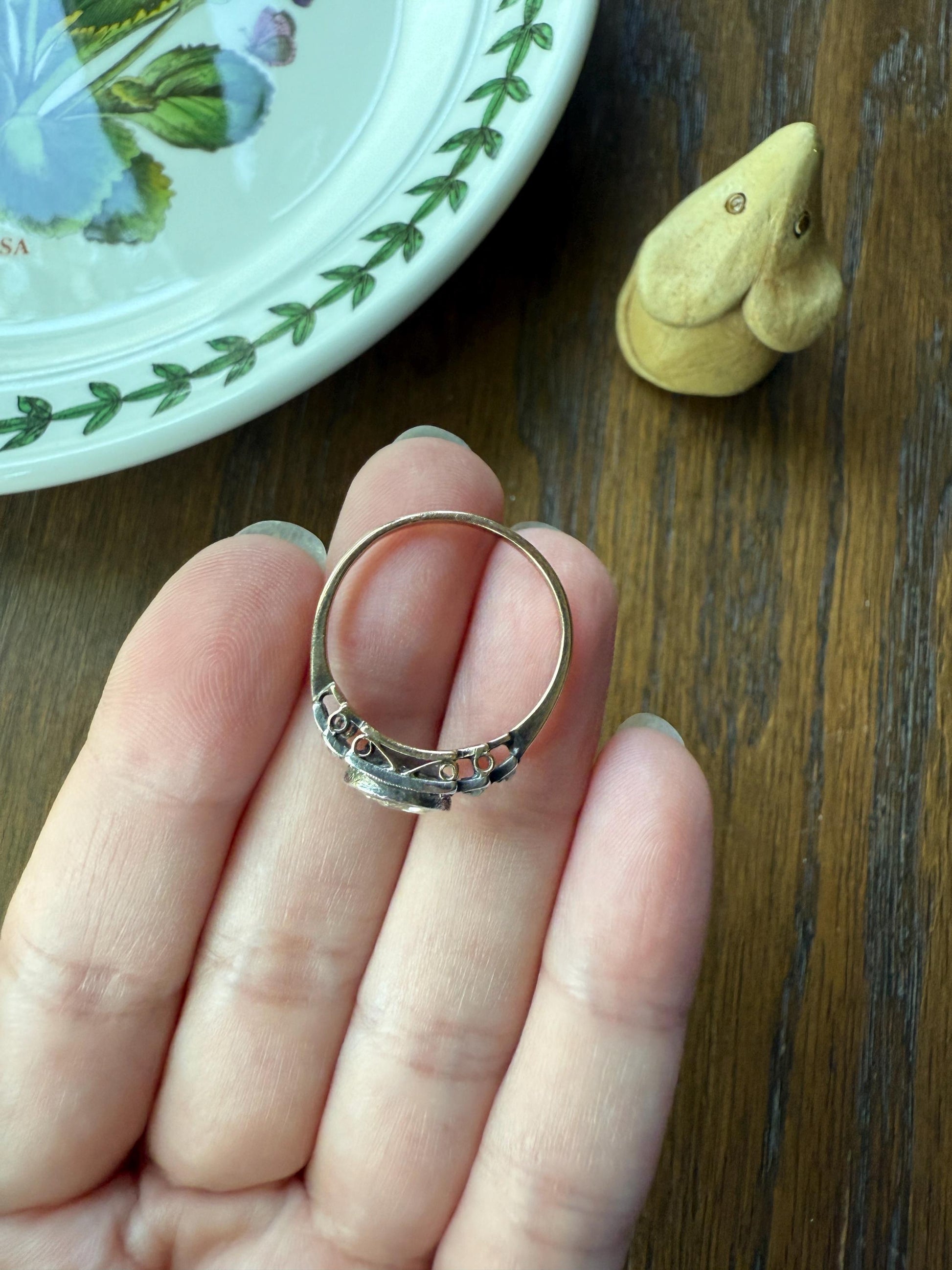 East West Large 1 Carat + Rose Cut DIAMOND Geometric Art Deco Seven Stone 14k Gold Silver Topped Antique Ring Stacker Georgian Revival