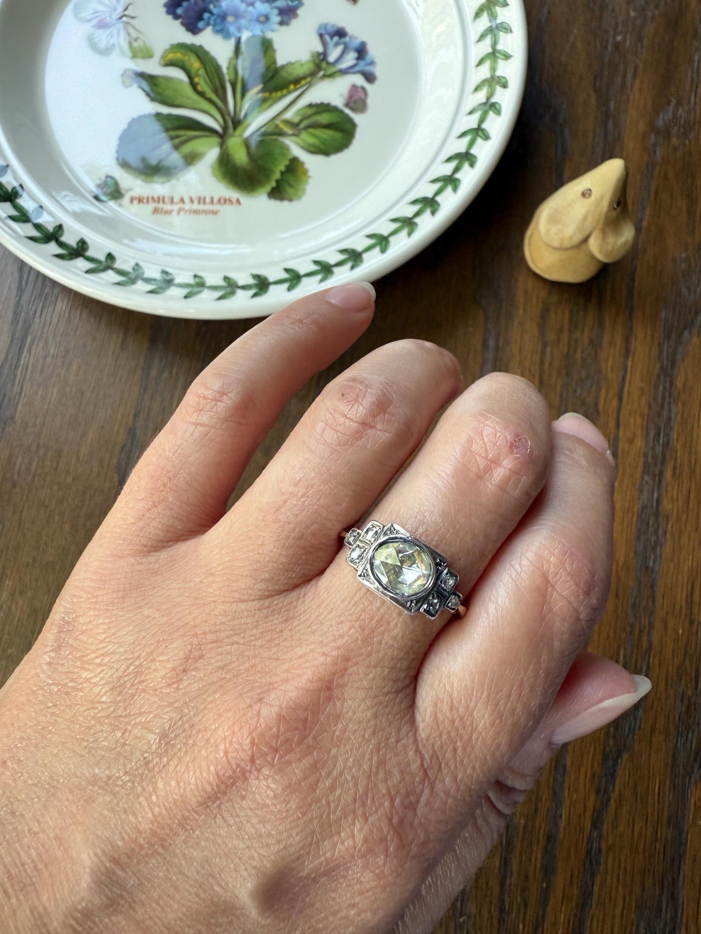East West Large 1 Carat + Rose Cut DIAMOND Geometric Art Deco Seven Stone 14k Gold Silver Topped Antique Ring Stacker Georgian Revival