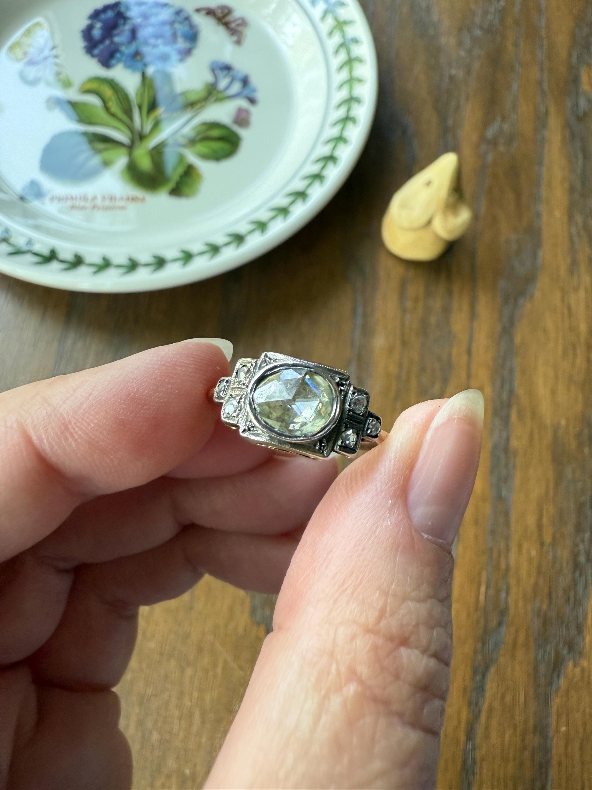 East West Large 1 Carat + Rose Cut DIAMOND Geometric Art Deco Seven Stone 14k Gold Silver Topped Antique Ring Stacker Georgian Revival
