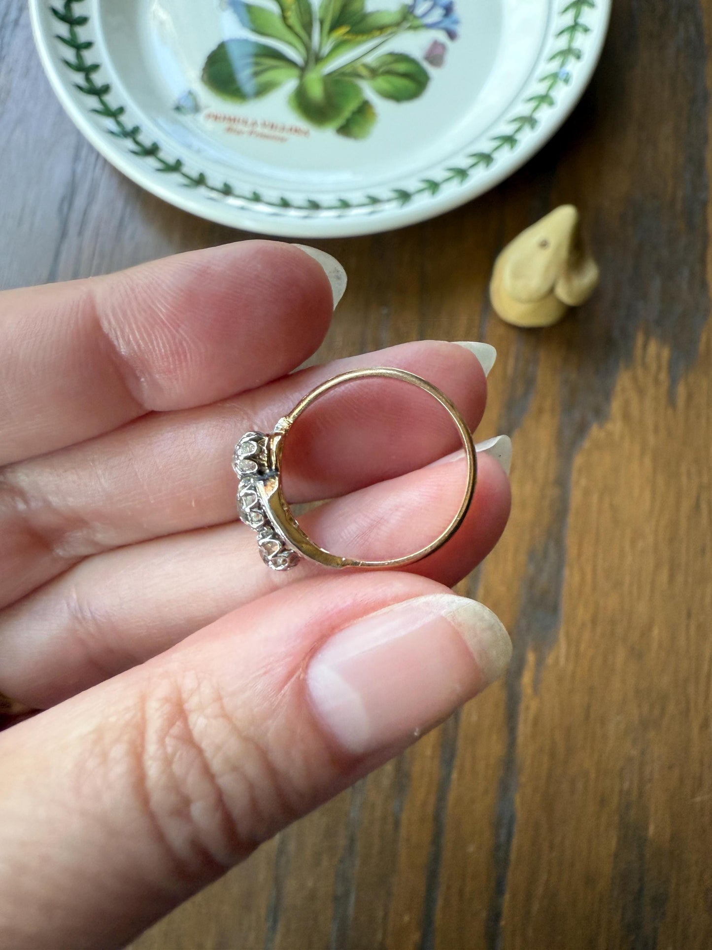 Antique Old Mine Cut Angled Bypass Three Stone Ring Rose Accents French 18k Gold Stacker Band Ringstack Ornate Swirl OMC Belle Epoque