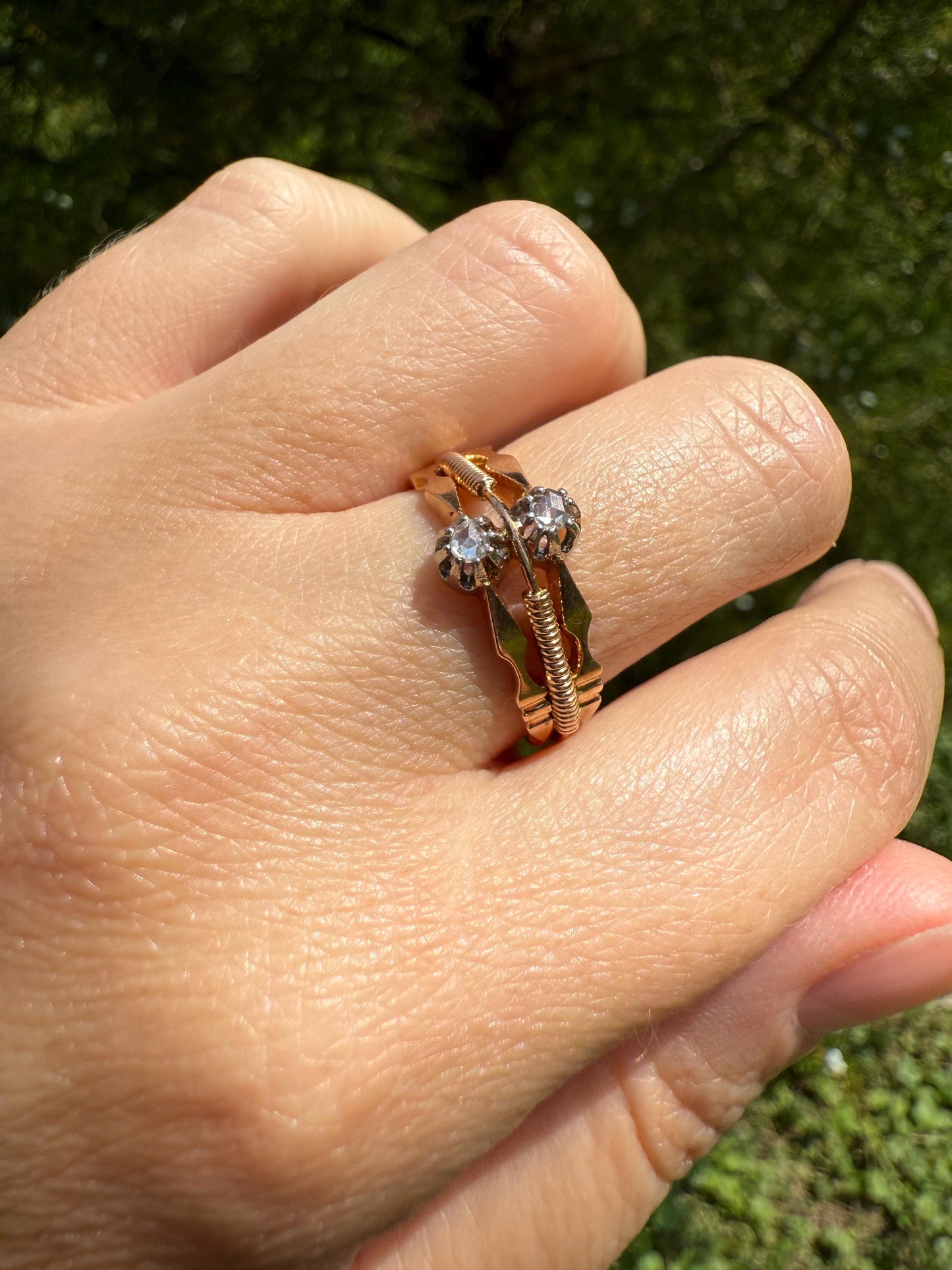 Antique Rose Cut DIAMOND Toi et Moi Triple Band French 18k Rose Gold Stacker Victorian Hallmark Linear Coil Arrows Belle Epoque Unique
