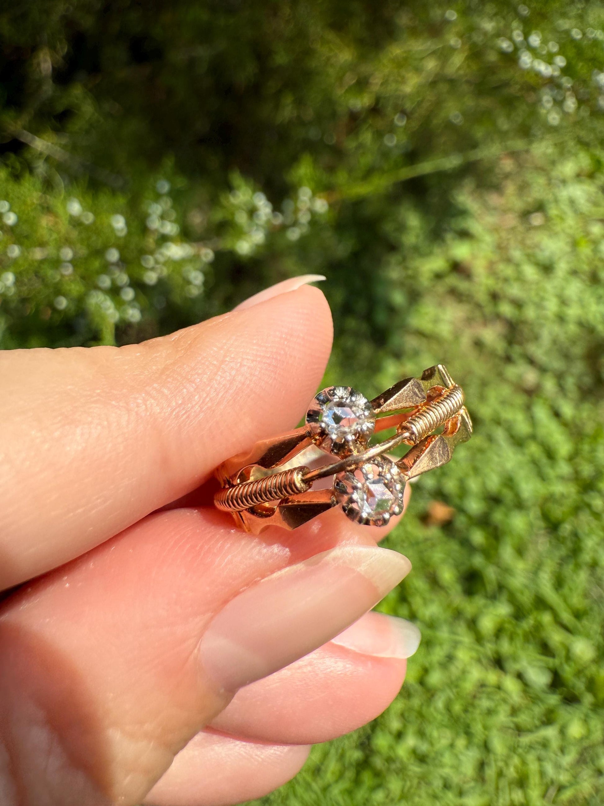 Antique Rose Cut DIAMOND Toi et Moi Triple Band French 18k Rose Gold Stacker Victorian Hallmark Linear Coil Arrows Belle Epoque Unique