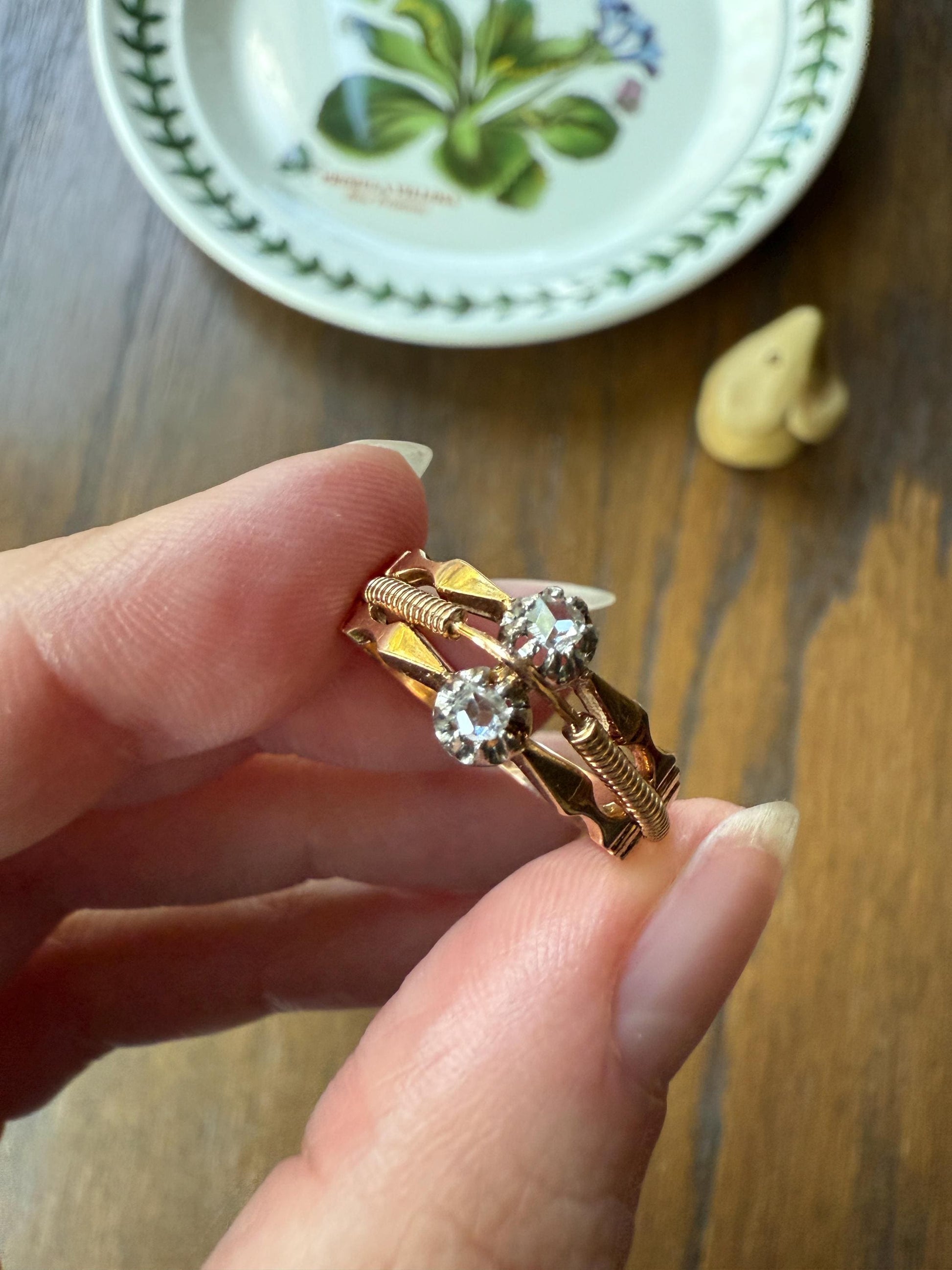 Antique Rose Cut DIAMOND Toi et Moi Triple Band French 18k Rose Gold Stacker Victorian Hallmark Linear Coil Arrows Belle Epoque Unique