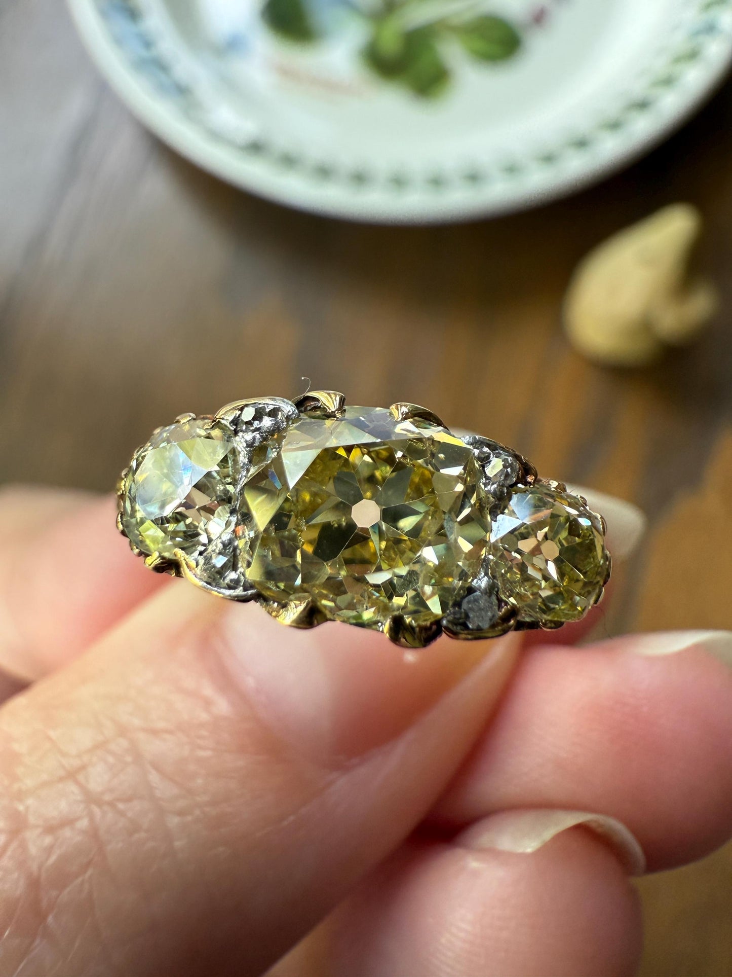 SPECIAL 3.1 Carat Antique FANCY YELLOW Old Mine Cut Diamond Three Stone Ring Gemset Prong Spacers 18k Gold Rare Chunky Band Canary 3.1Ct OmC