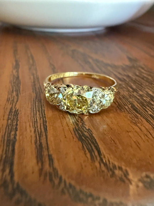 SPECIAL 3.1 Carat Antique FANCY YELLOW Old Mine Cut Diamond Three Stone Ring Gemset Prong Spacers 18k Gold Rare Chunky Band Canary 3.1Ct OmC