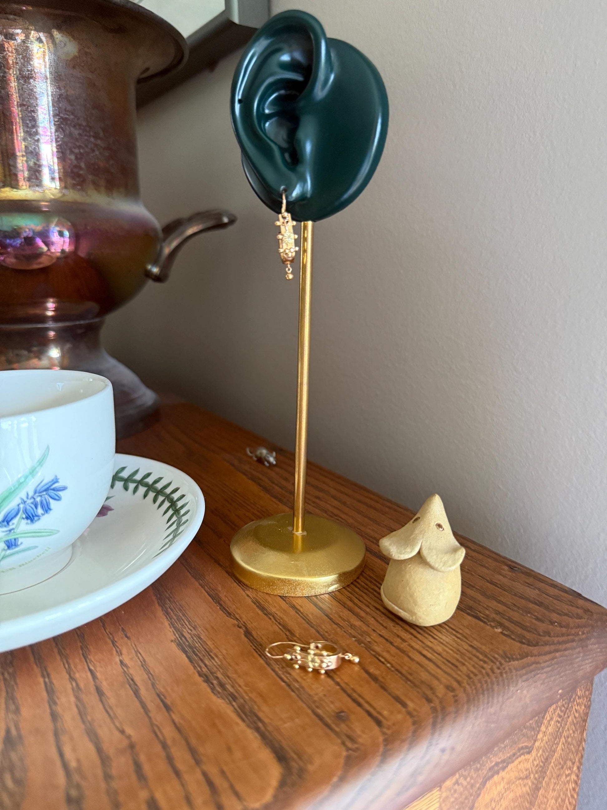Ornate Antique Ball Rivet Poissarde Earrings Ivy Green Leaf & Bead Dangle French Belle Epoque 18k Gold Solid Briquet Hoops Floral Figural 3D