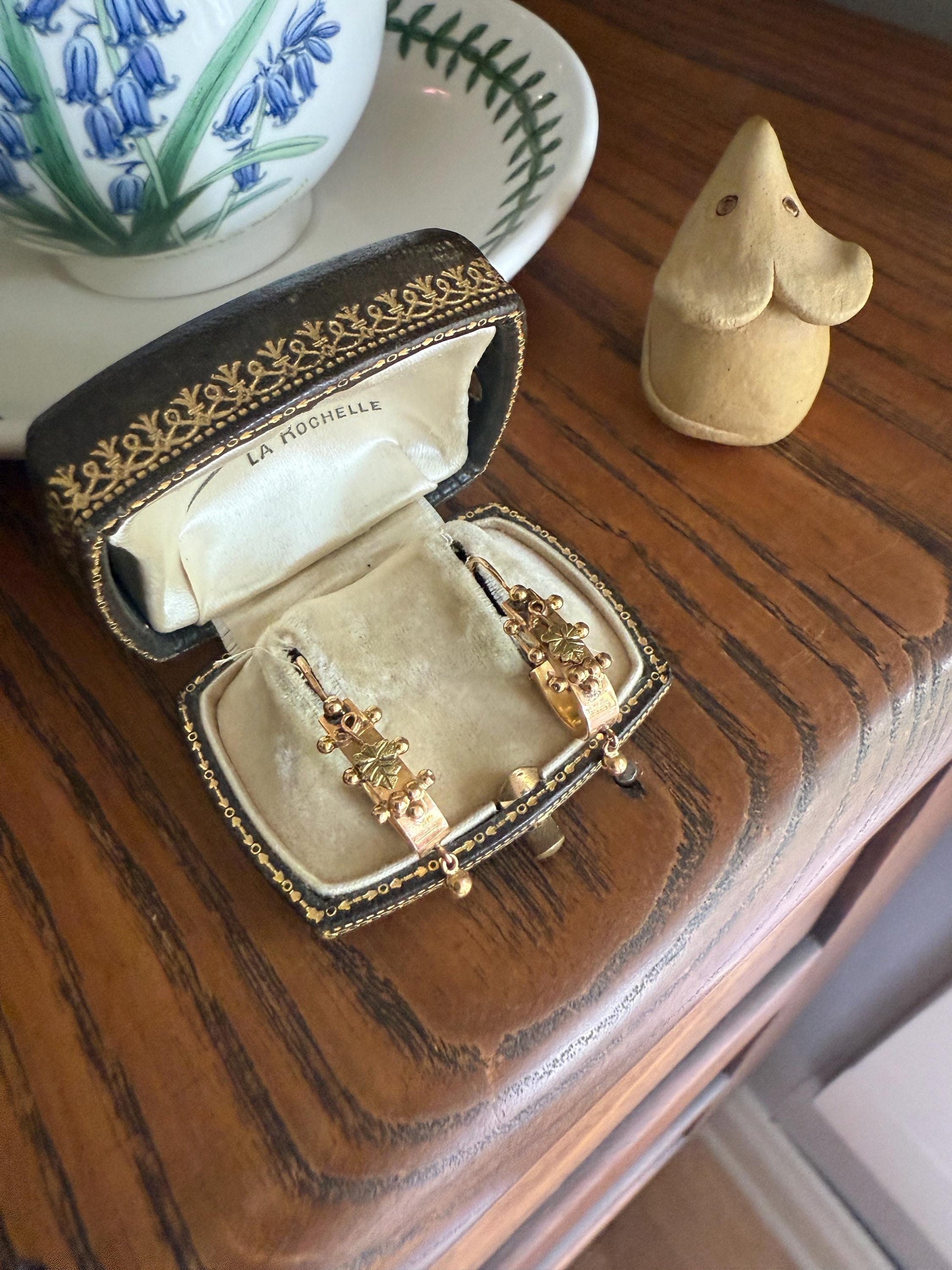 Ornate Antique Ball Rivet Poissarde Earrings Ivy Green Leaf & Bead Dangle French Belle Epoque 18k Gold Solid Briquet Hoops Floral Figural 3D