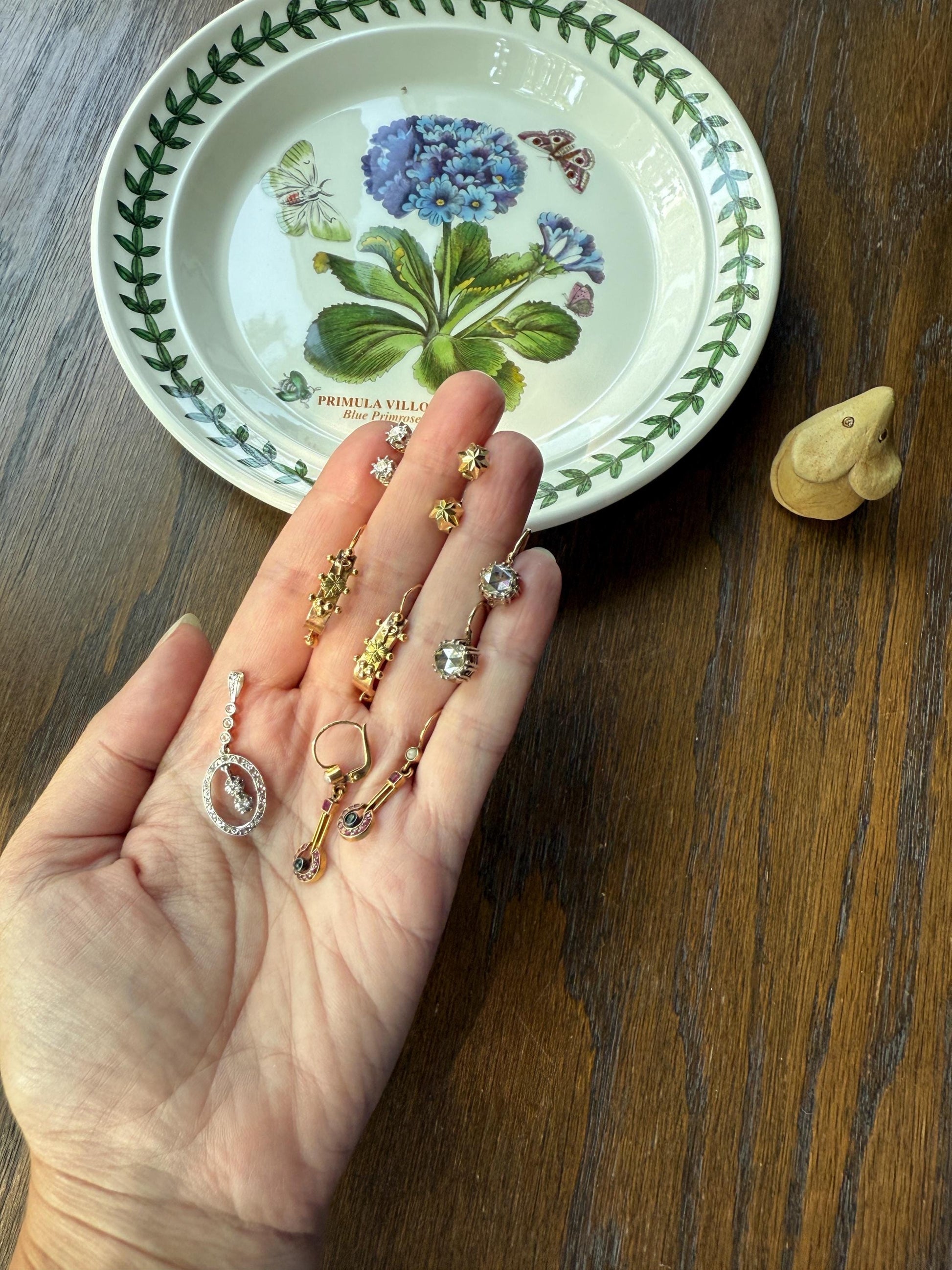 Ornate Antique Ball Rivet Poissarde Earrings Ivy Green Leaf & Bead Dangle French Belle Epoque 18k Gold Solid Briquet Hoops Floral Figural 3D