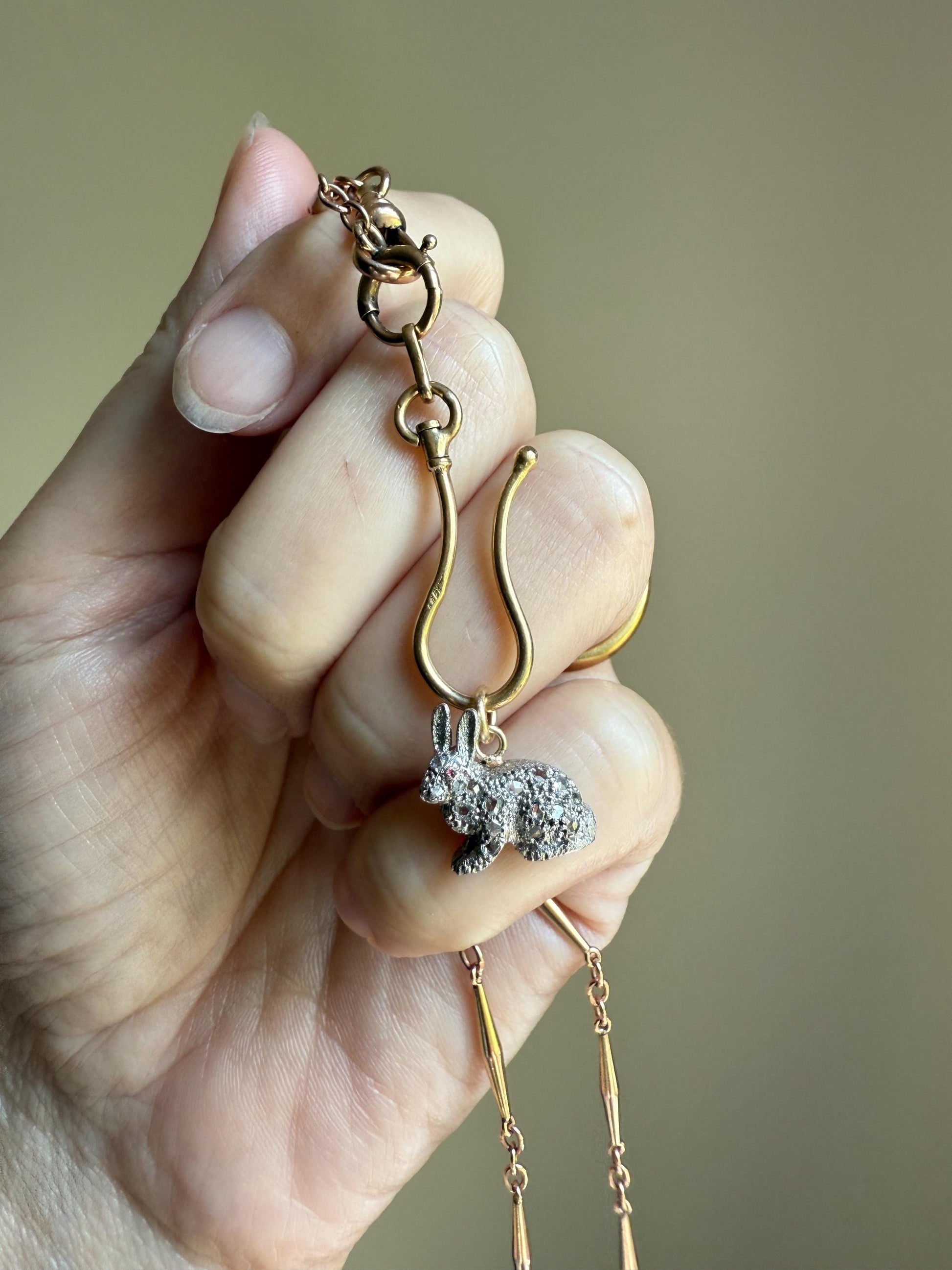 The Little Bun Bun BUNNY Rose Cut Diamond Encrusted ANTIQUE Figural Rabbit Pendant Platinum 18k & 14k Gold 3D Pink Ruby Eye Animal Jewelry