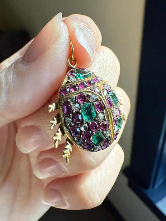 LADYBUG Large Antique Beetle Scarab Ruby Diamond Emerald Encrusted 14k Gold 3D Figural Pendant Domed Colorful Vintage Chunky Sparkle Green