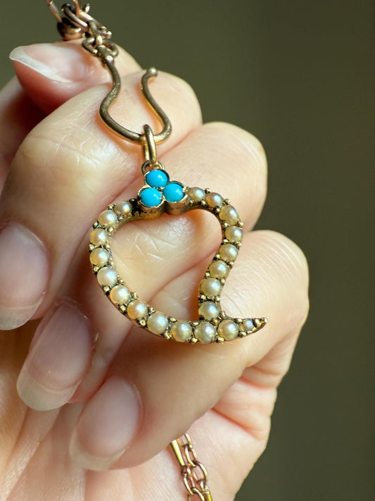 WITCH's HEART Figural 15k Gold Pearl Turquoise Pendant 14k Gold Loops Victorian Antique White Blue Trefoil Clover Top Love Token Luck Charm