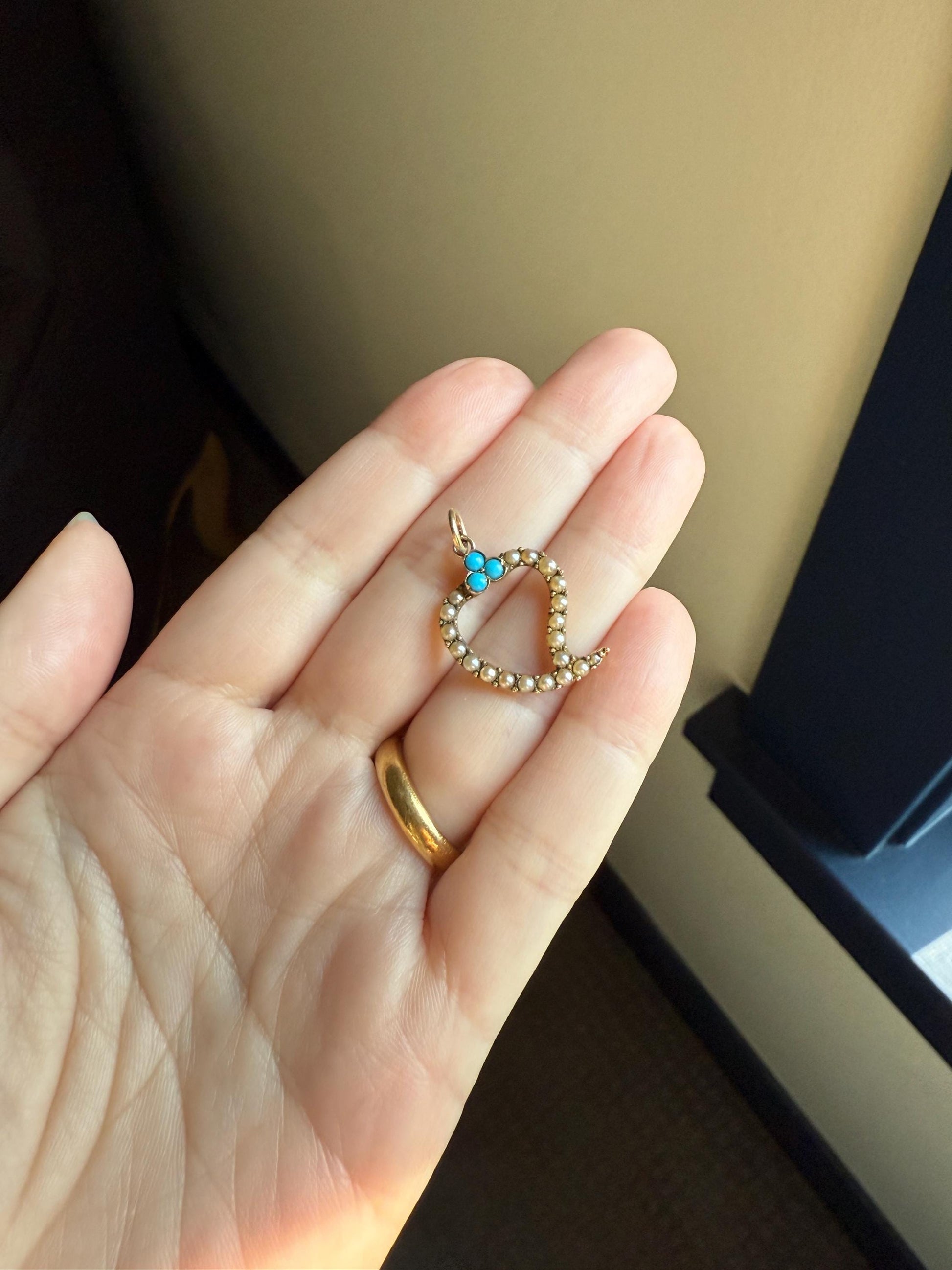 WITCH's HEART Figural 15k Gold Pearl Turquoise Pendant 14k Gold Loops Victorian Antique White Blue Trefoil Clover Top Love Token Luck Charm