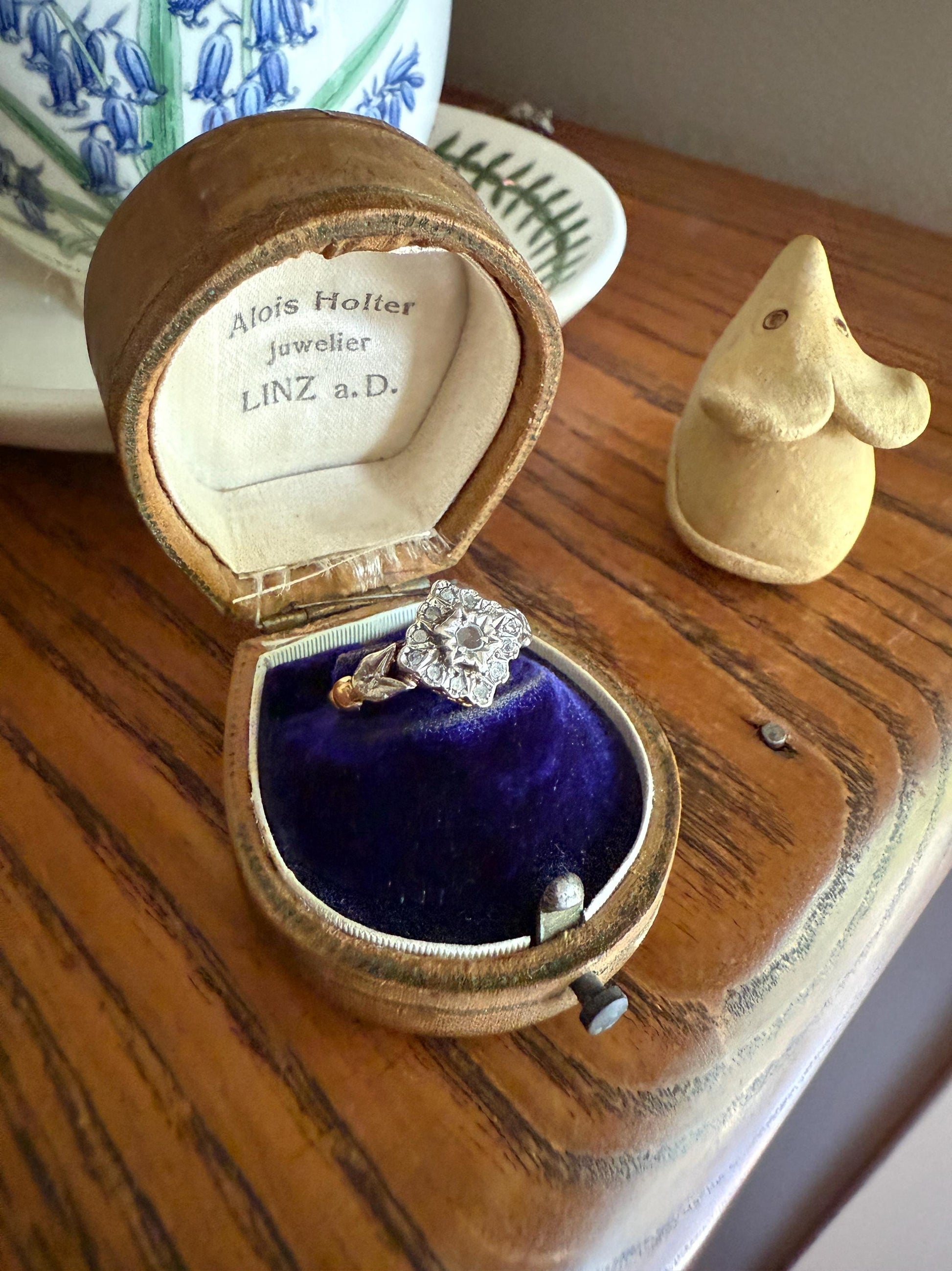 TULIP Floral Square Rose Cut DIAMOND Cluster Halo French Antique Ring 18k Gold Victorian Art Nouveau Belle Epoque Romantic Gift Stacker