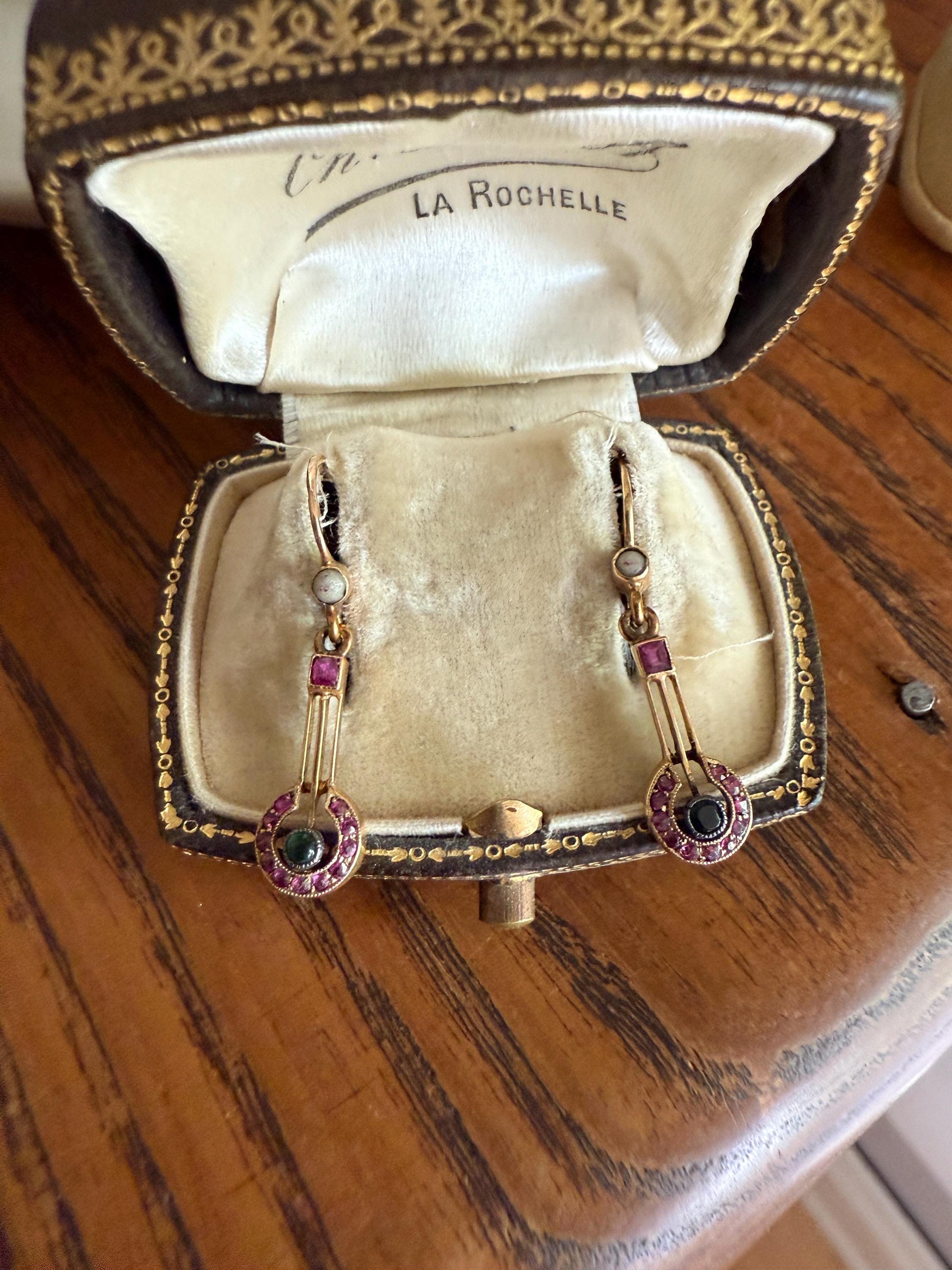 Victorian Natural Ruby Halo Dangle Earrings Bullseye Target Linear Antique 14k Gold Geometric Lever Back
