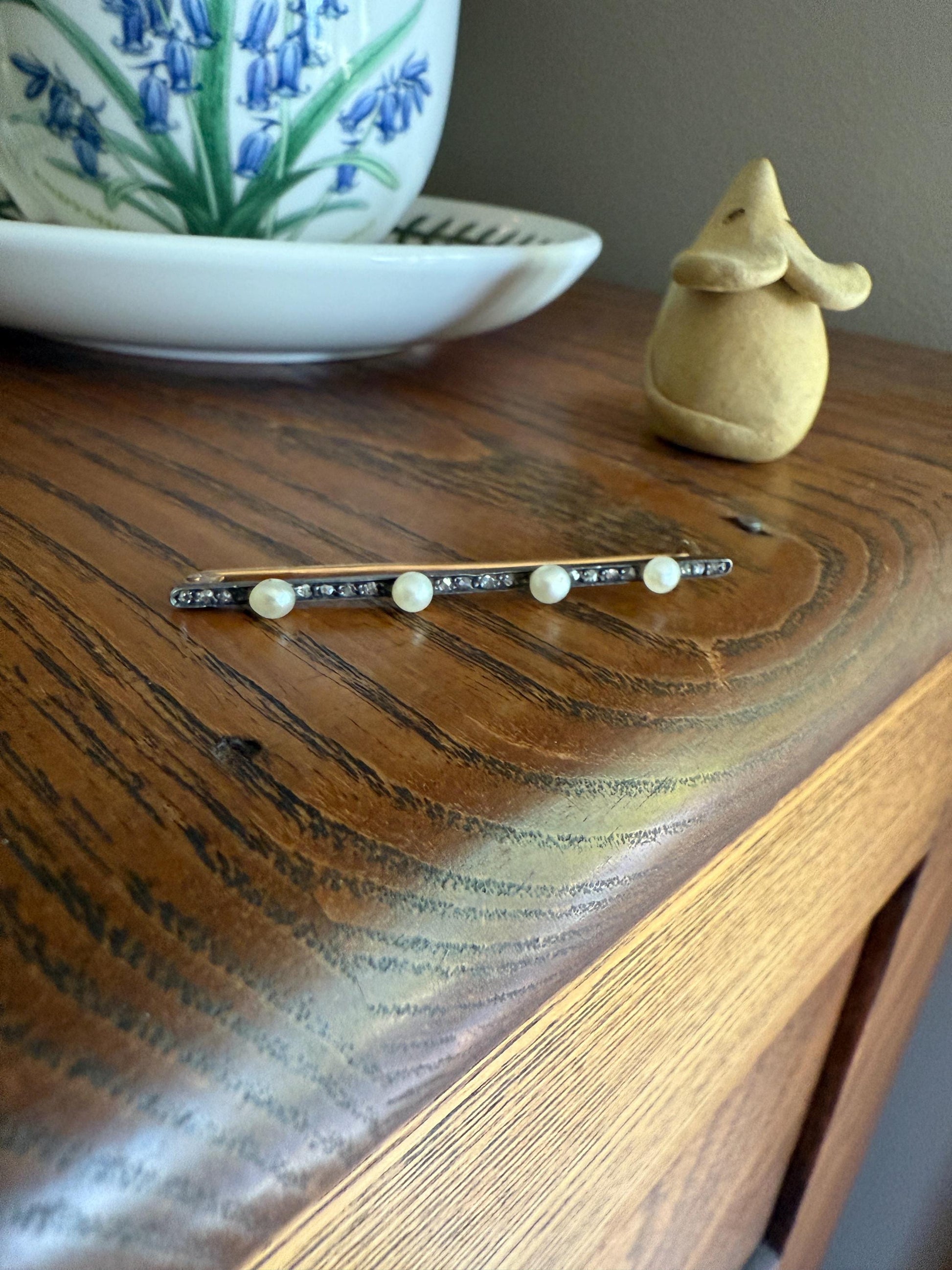 Antique Pearl Rose Cut Diamond Bar Brooch Extender Connector Pin 18k Gold Silver Solid French Linear Victorian Bridal Hair Pin Something Old