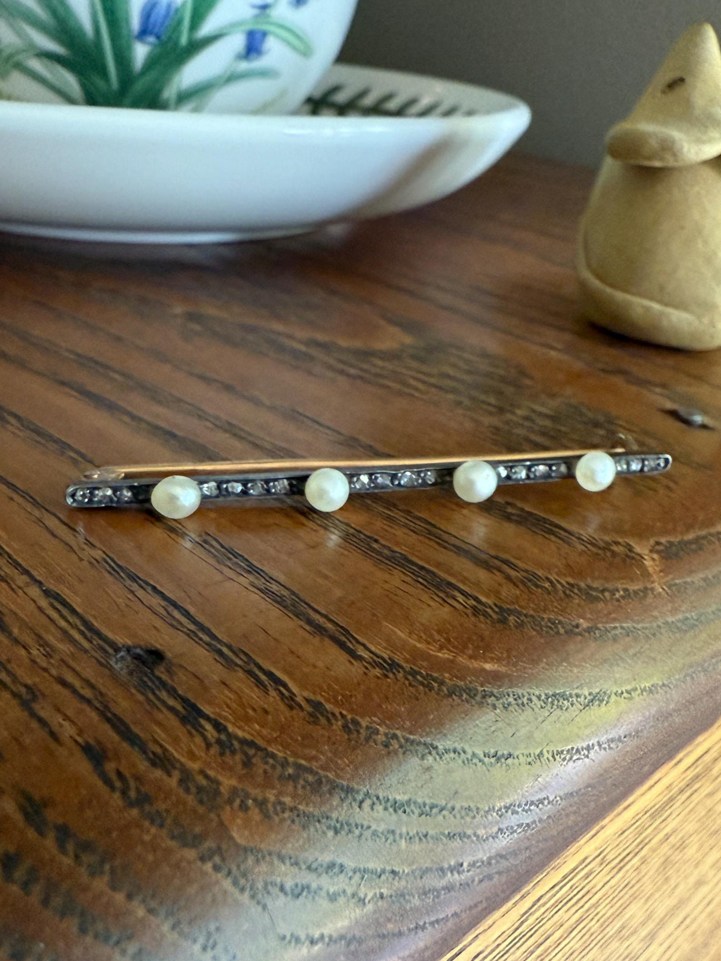 Antique Pearl Rose Cut Diamond Bar Brooch Extender Connector Pin 18k Gold Silver Solid French Linear Victorian Hair Pin