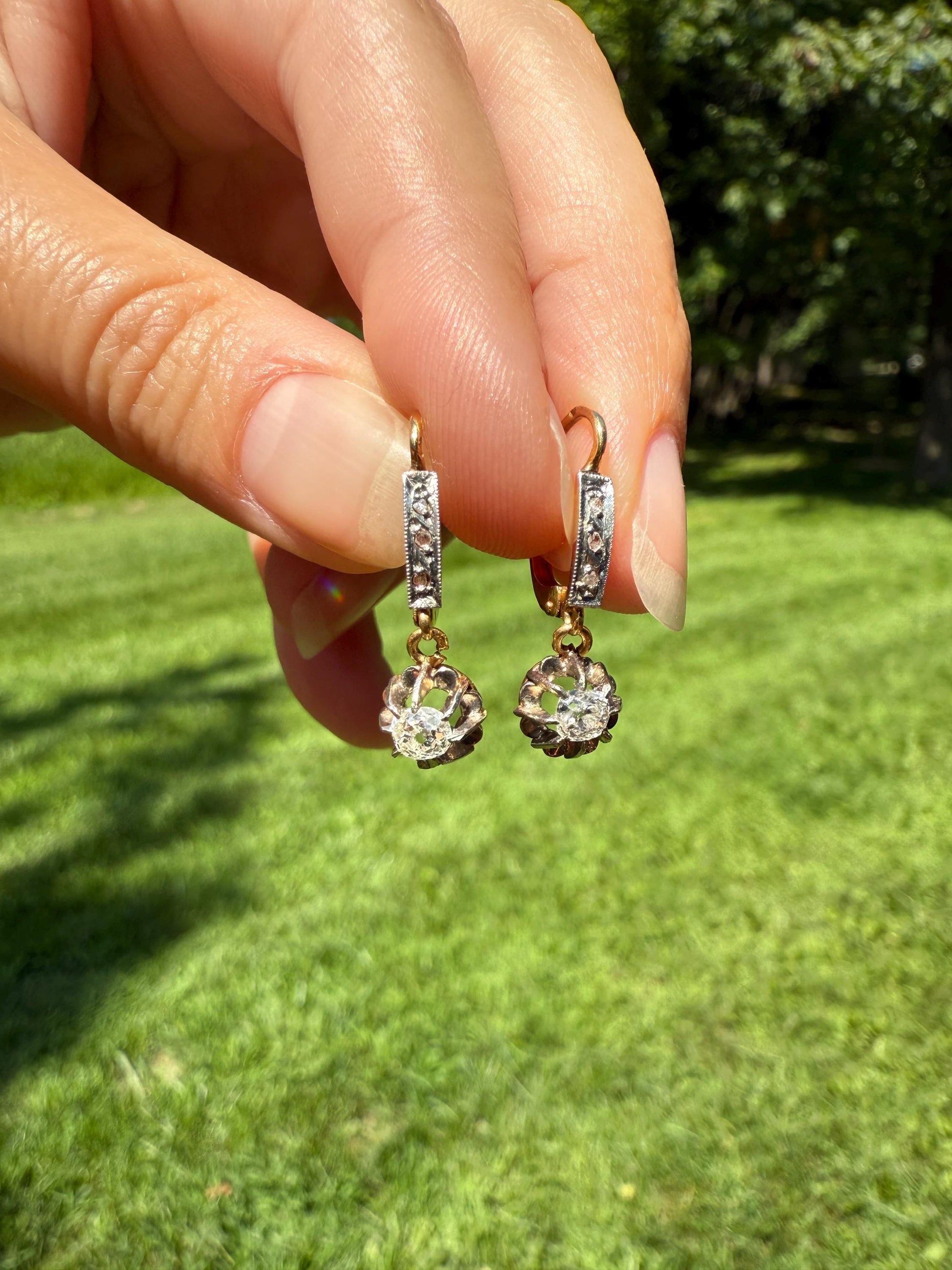 Old Mine Rose Cut Diamonds .5 Carat Tdw Dangle French Antique Dormeuse 18k Gold .5Ctw OMC Victorian Edwardian Belle Epoque Bridal OMC