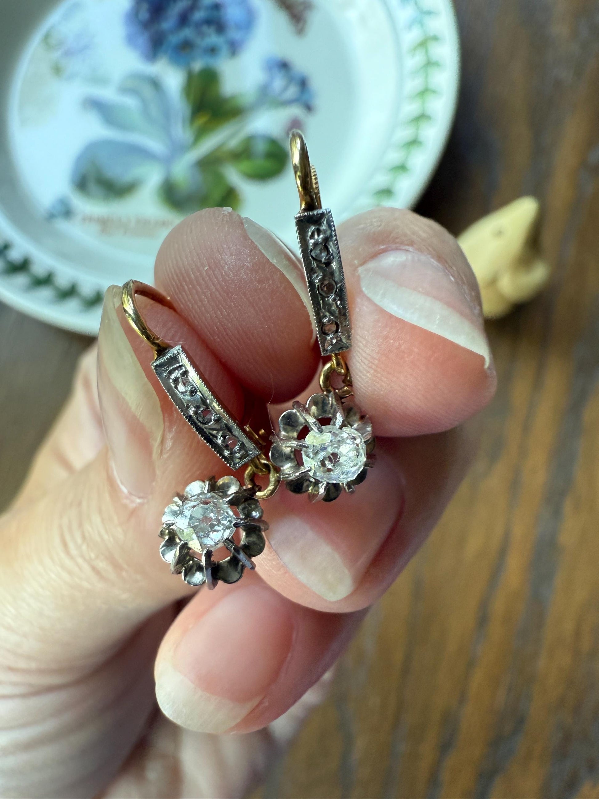 Old Mine Rose Cut Diamonds .5 Carat Tdw Dangle French Antique Dormeuse 18k Gold .5Ctw OMC Victorian Edwardian Belle Epoque Bridal OMC
