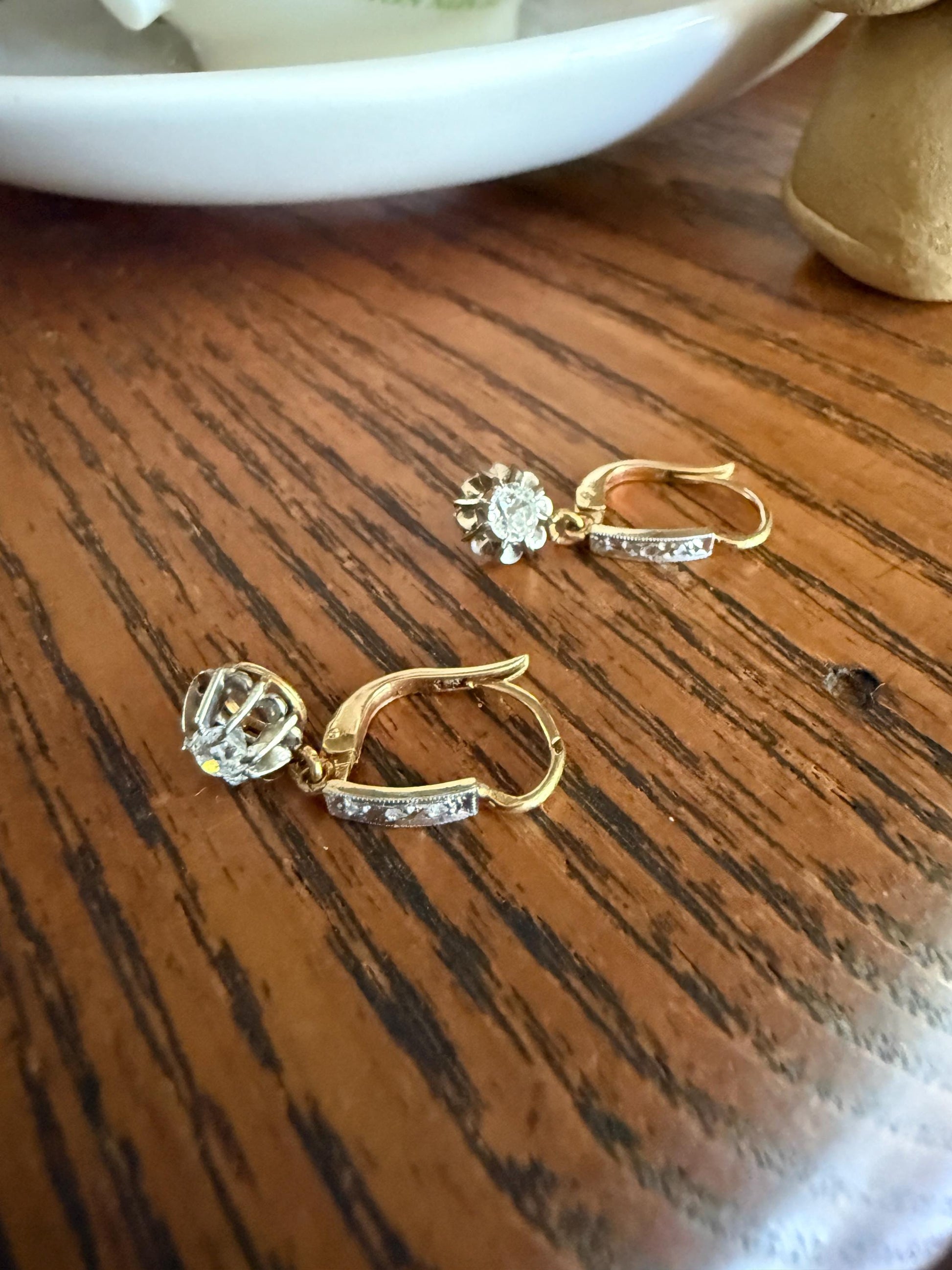 Old Mine Rose Cut Diamonds .5 Carat Tdw Dangle French Antique Dormeuse 18k Gold .5Ctw OMC Victorian Edwardian Belle Epoque Bridal OMC