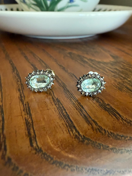Antique Blue Green AQUAMARINE Rose Cut Diamond Halo STUD EARRINGS Georgian Victorian 18k 14k Gold