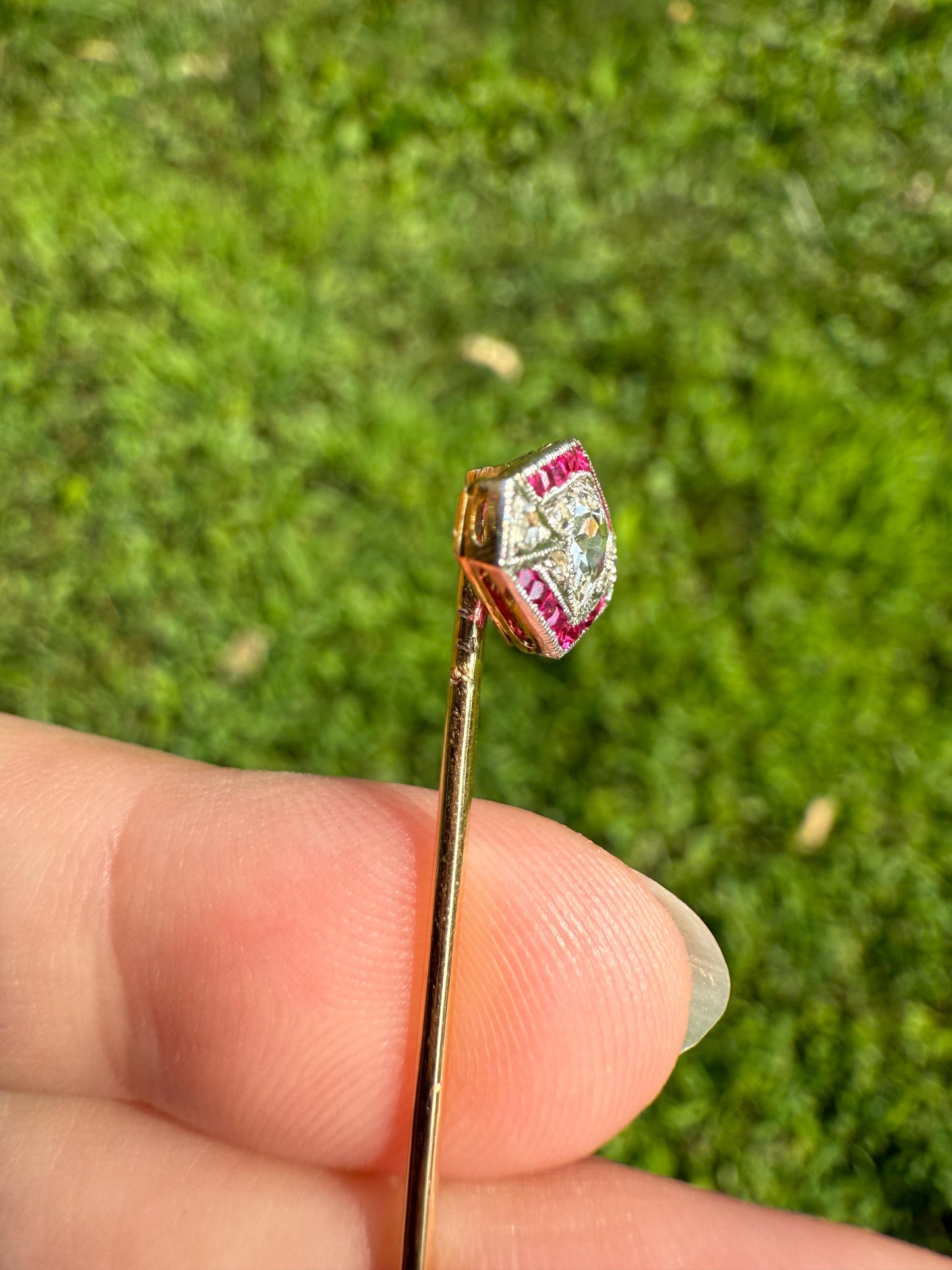 Hexagon SHIELD Ruby Eye Clean PEAR Rose Cut DIAMOND Stick Pin for Ring Pendant Bracelet Conversion French Antique 18k Gold Art Deco Charm
