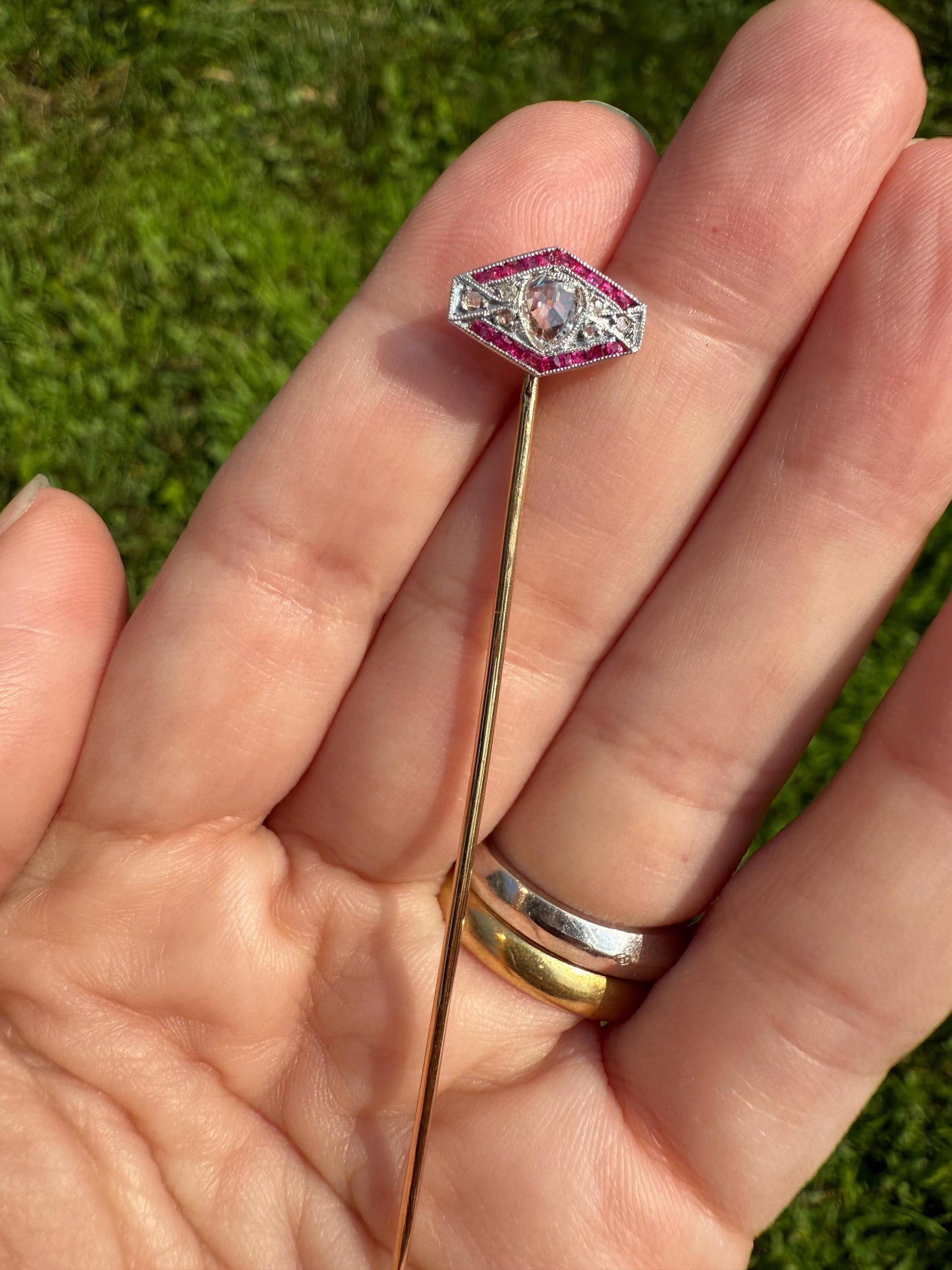 Hexagon SHIELD Ruby Eye Clean PEAR Rose Cut DIAMOND Stick Pin for Ring Pendant Bracelet Conversion French Antique 18k Gold Art Deco Charm