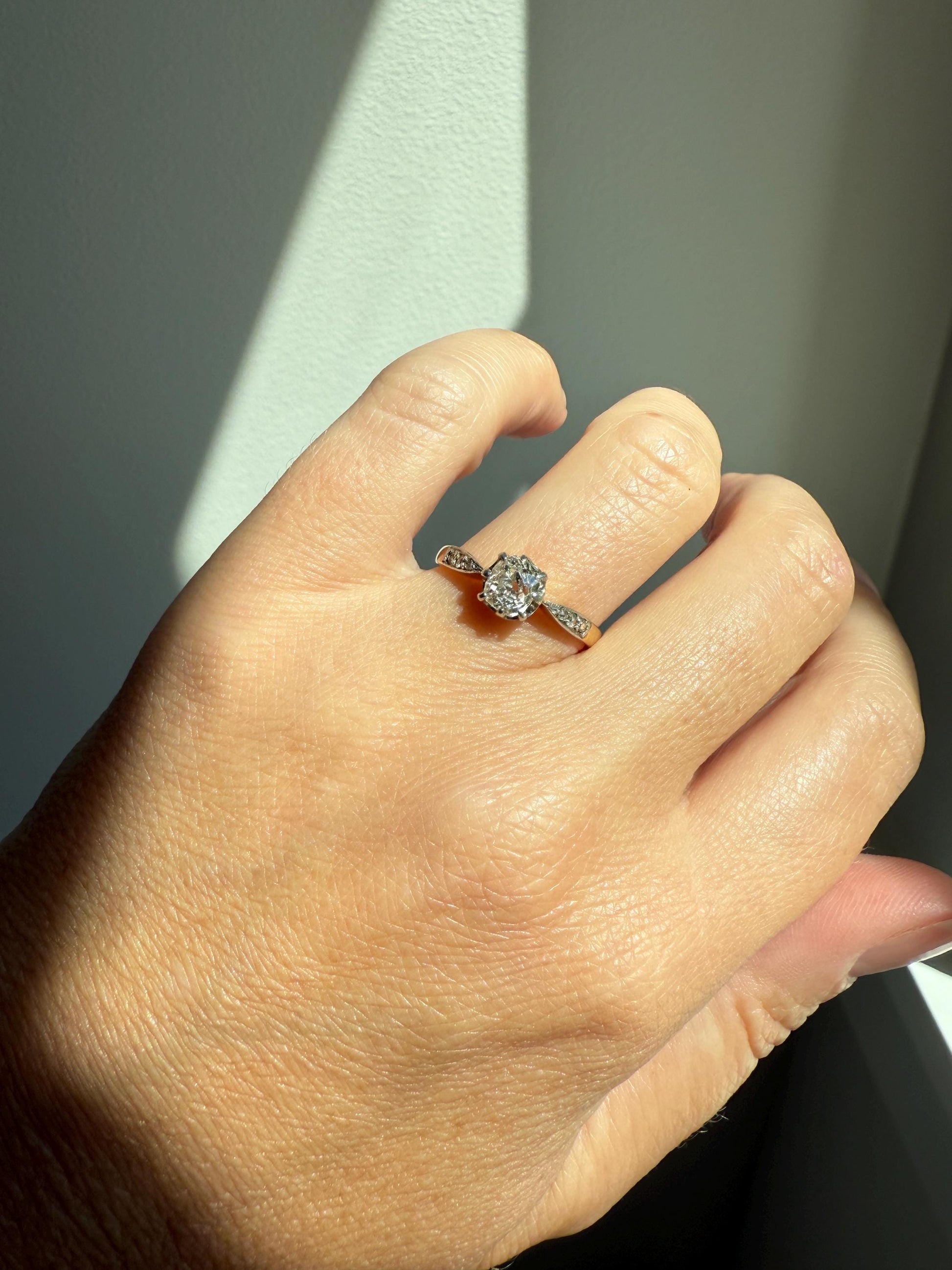 Classic Antique .67 Carat Old Mine Cut Diamond & Rose Cut Accents 18k Gold French Victorian Engagement Ring Solitaire Band Stacker OMC