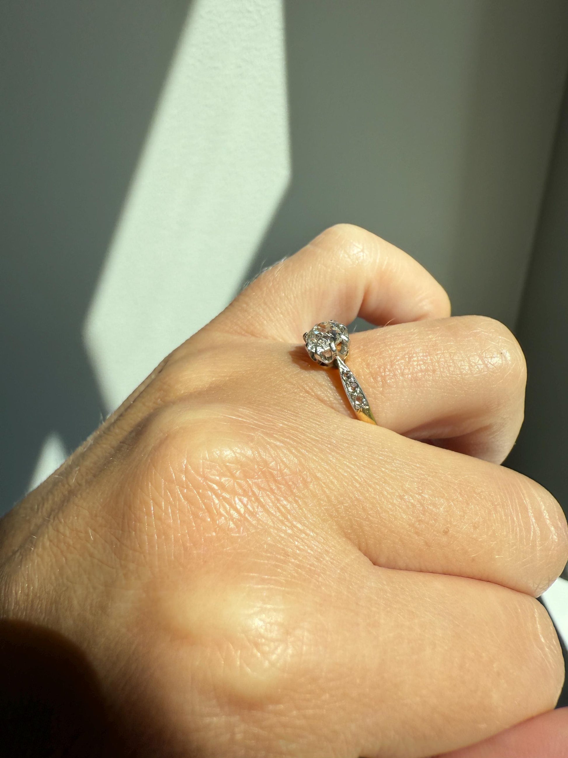 Classic Antique .67 Carat Old Mine Cut Diamond & Rose Cut Accents 18k Gold French Victorian Engagement Ring Solitaire Band Stacker OMC