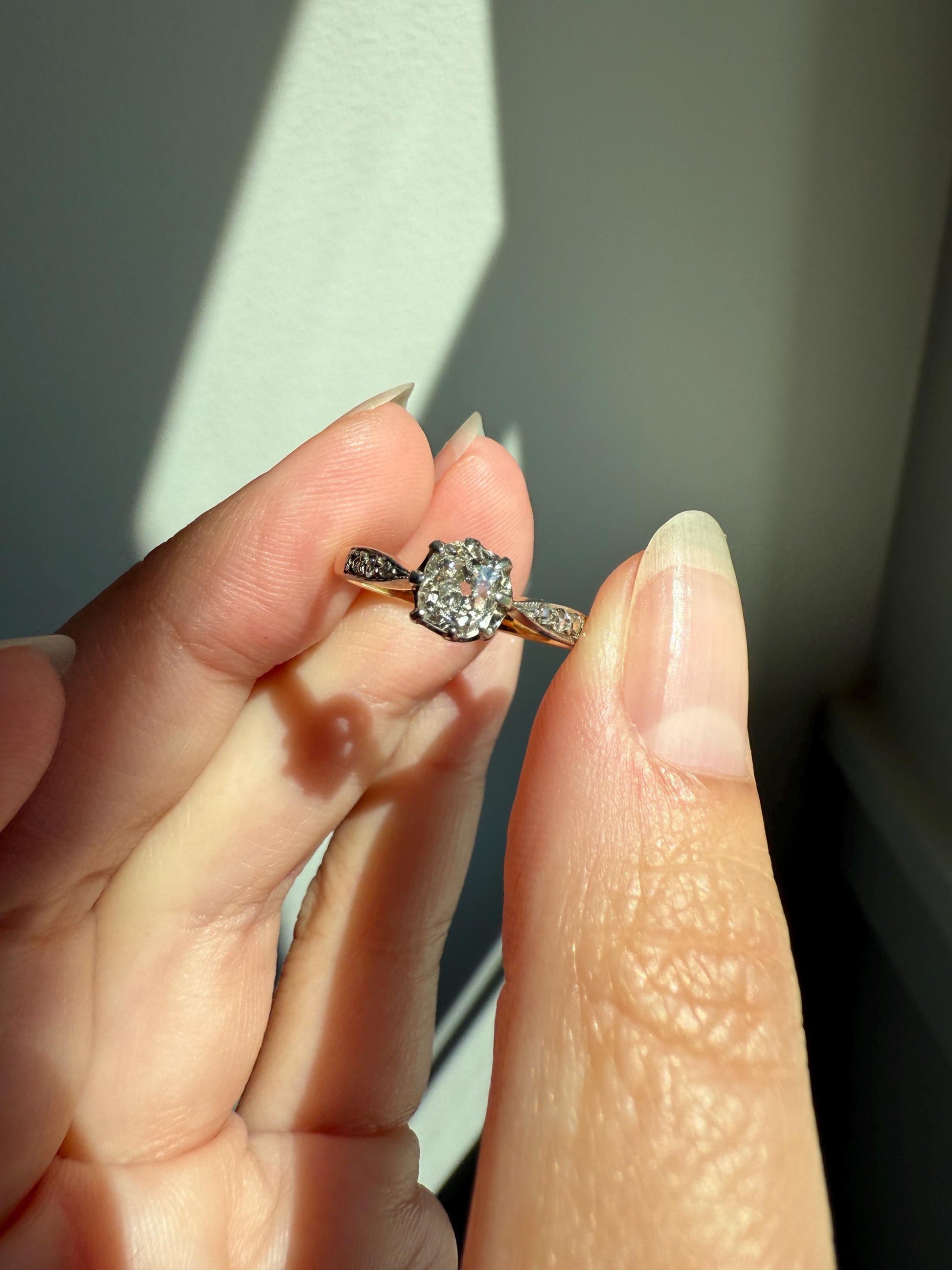 Classic Antique .67 Carat Old Mine Cut Diamond & Rose Cut Accents 18k Gold French Victorian Engagement Ring Solitaire Band Stacker OMC