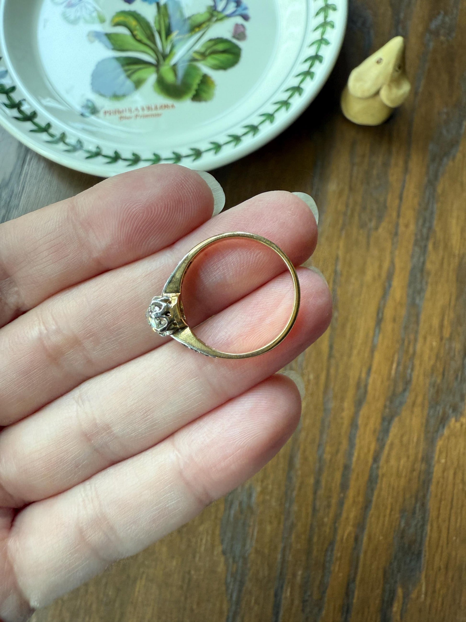 Classic Antique .67 Carat Old Mine Cut Diamond & Rose Cut Accents 18k Gold French Victorian Engagement Ring Solitaire Band Stacker OMC