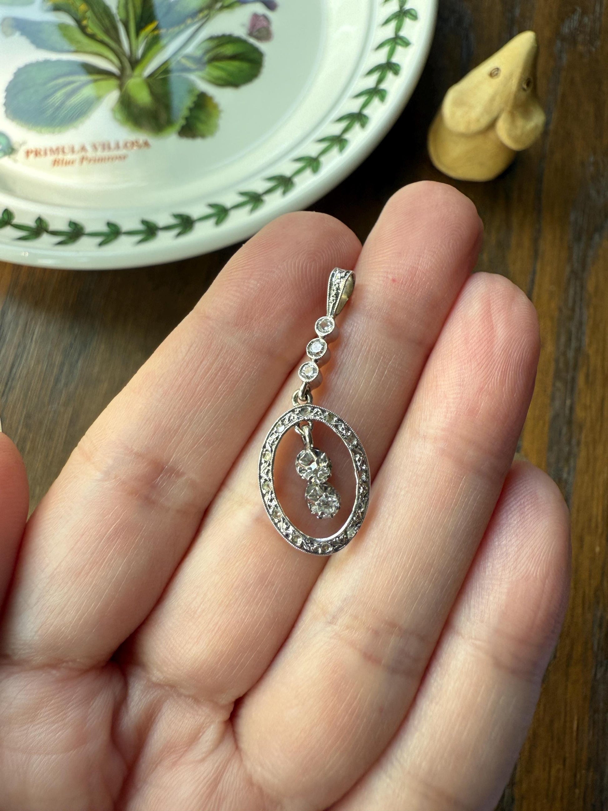 Oval Dangle Pendant 17 Old Mine Single Rose Cut DIAMOND Pendant 18k White Gold Open Work French Antique Linear Halo Geometric Sparkle