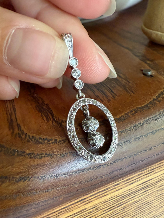 Oval Dangle Pendant 17 Old Mine Single Rose Cut DIAMOND Pendant 18k White Gold Open Work French Antique Linear Halo Geometric Sparkle