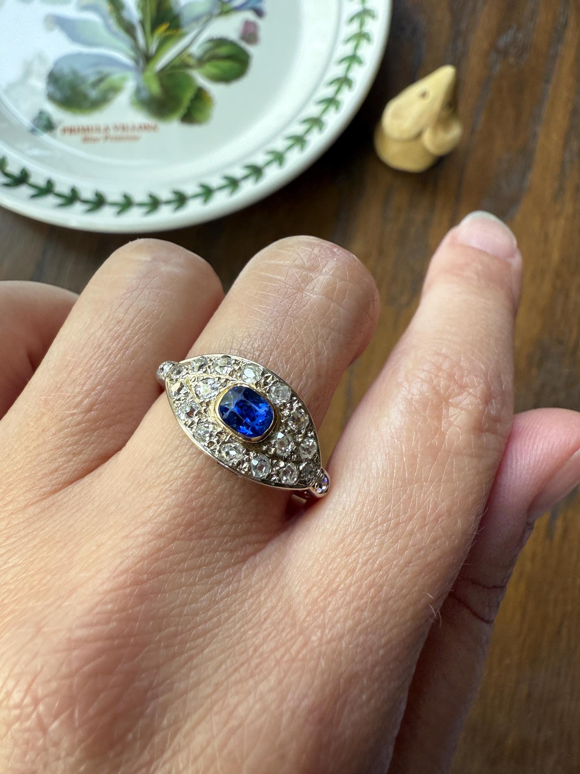 East West SAPPHIRE .8Ctw Old Mine Cut DIAMOND Antique Ring French 18k Gold Blue Stacker Band Pave Domed Shield Edwardian Cobblestone Texture