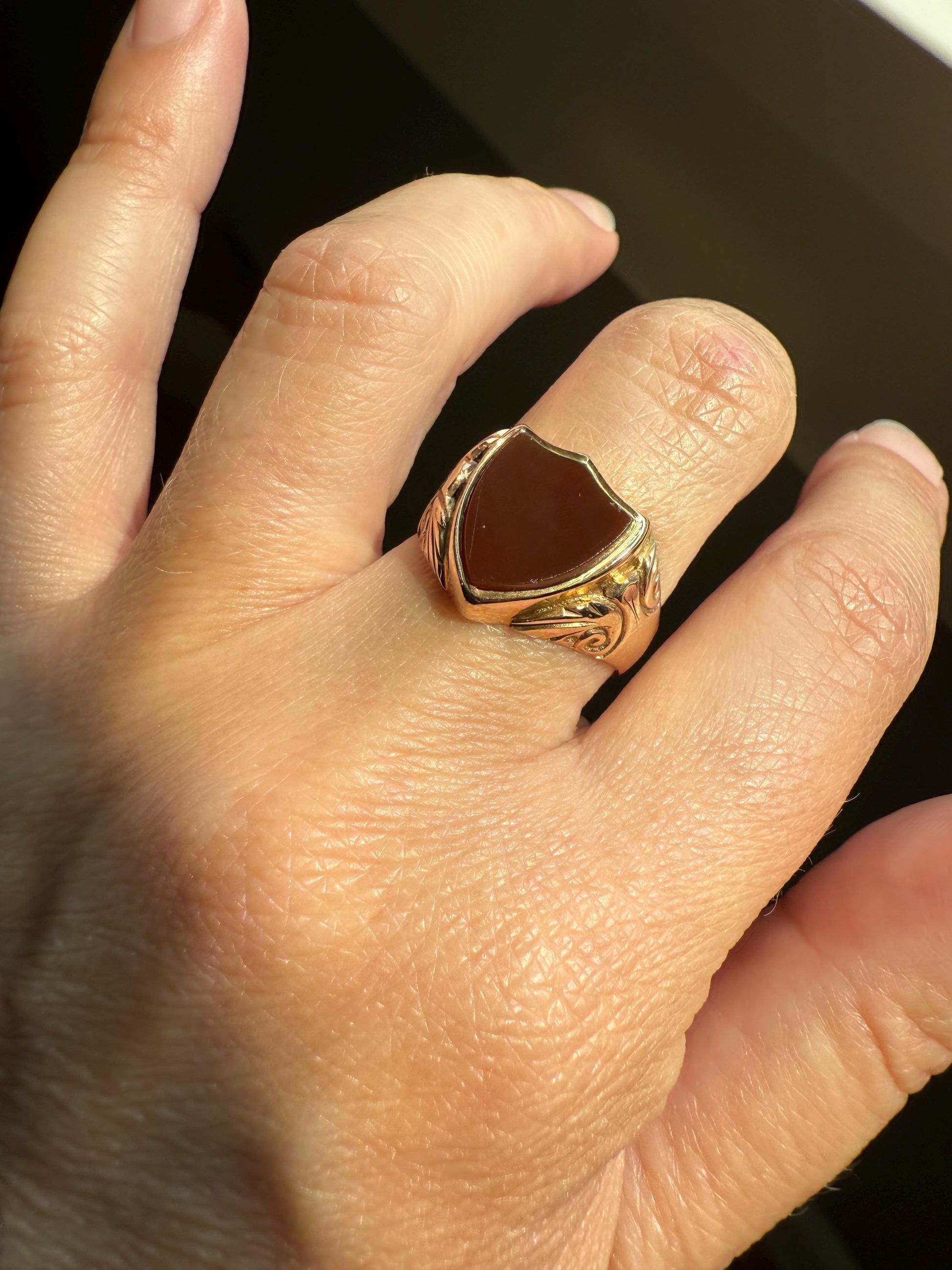 SHIELD Cut Carnelian Chunky Signet Ring 9k Gold Ornate Scrolled Edwardian Man or Unisex Band Stacker Figural Platform