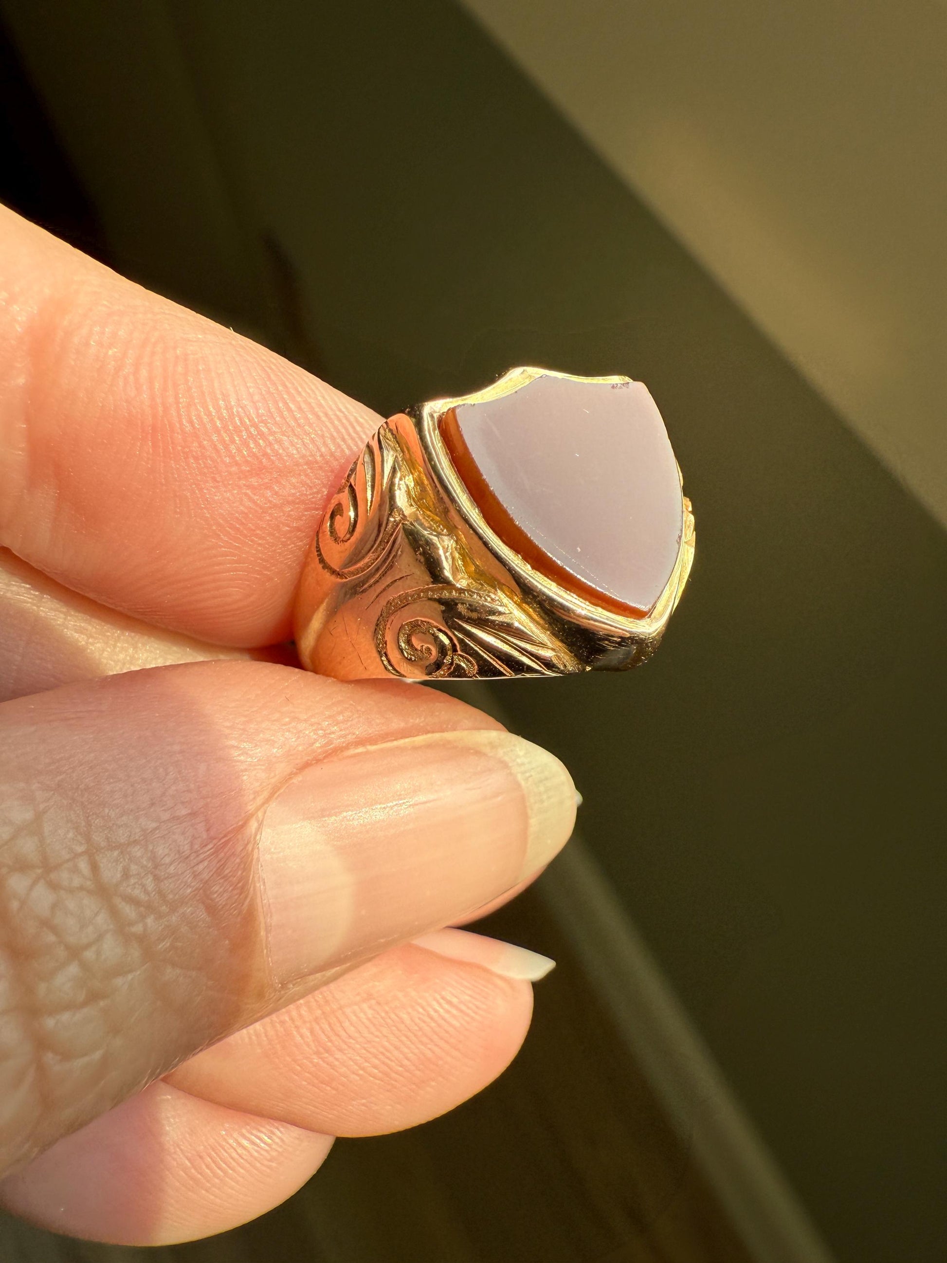 SHIELD Cut Carnelian Chunky Signet Ring 9k Gold Ornate Scrolled Edwardian Man or Unisex Band Stacker Figural Platform