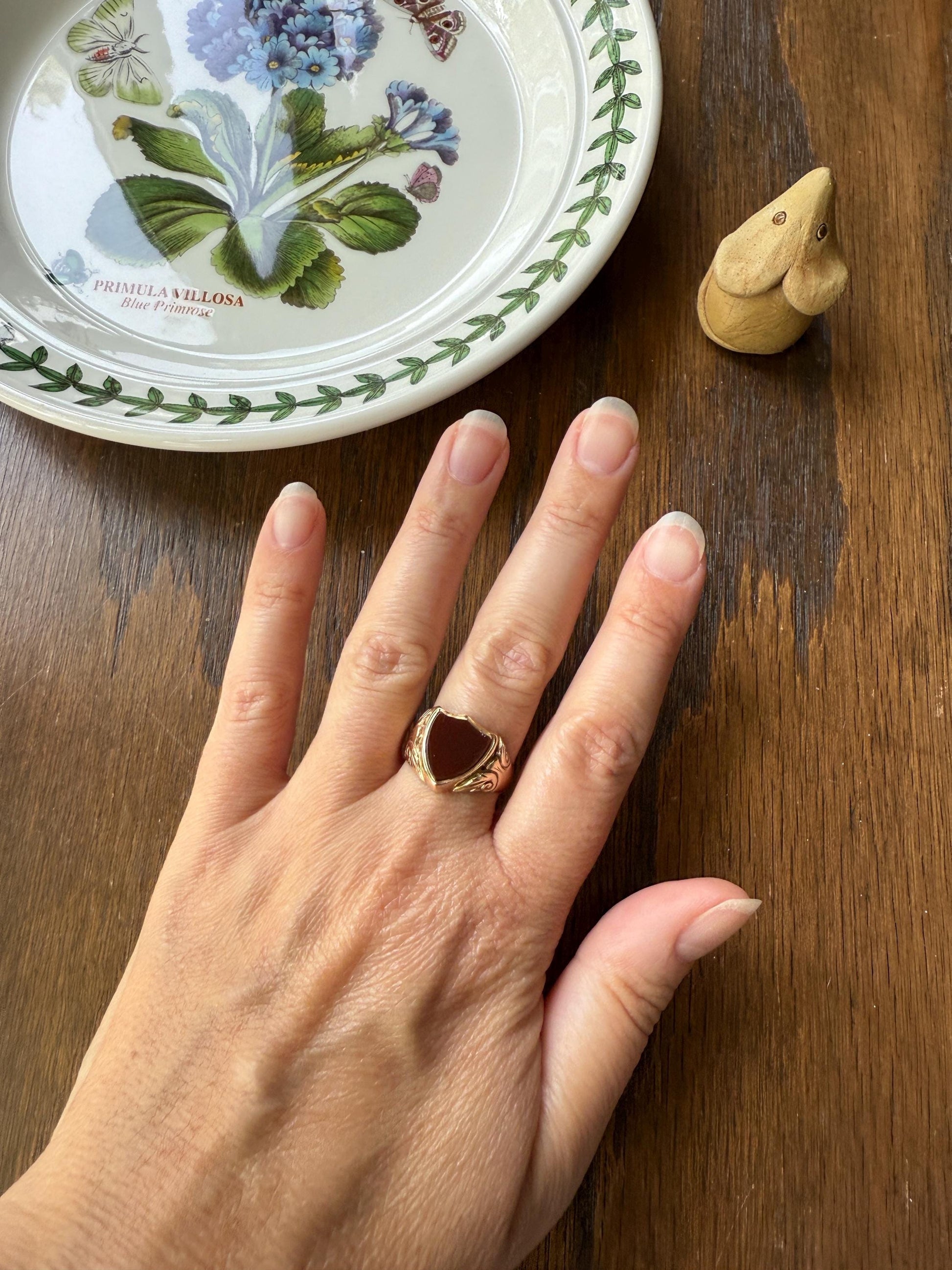 SHIELD Cut Carnelian Chunky Signet Ring 9k Gold Ornate Scrolled Edwardian Man or Unisex Band Stacker Figural Platform