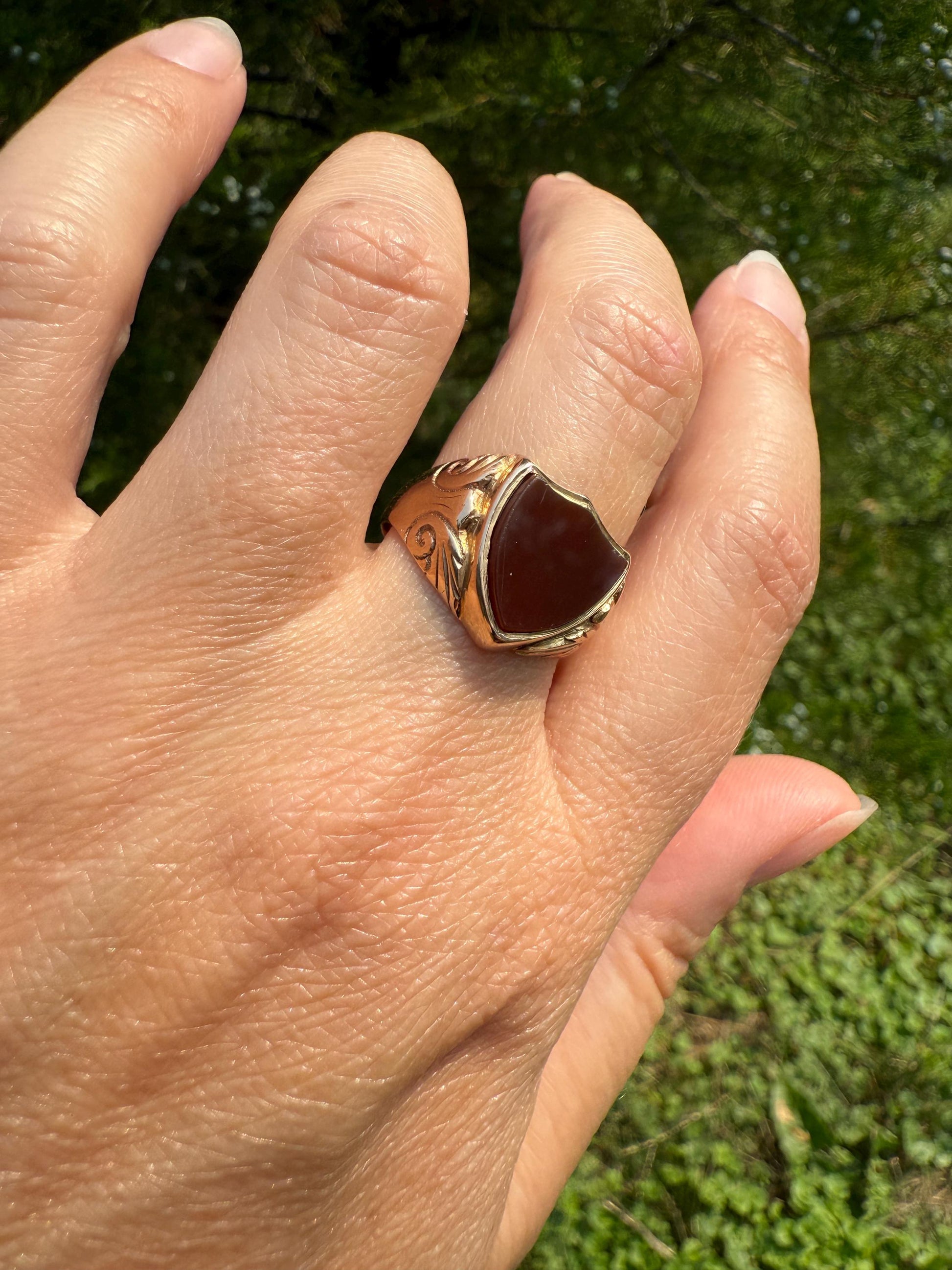 SHIELD Cut Carnelian Chunky Signet Ring 9k Gold Ornate Scrolled Edwardian Man or Unisex Band Stacker Figural Platform
