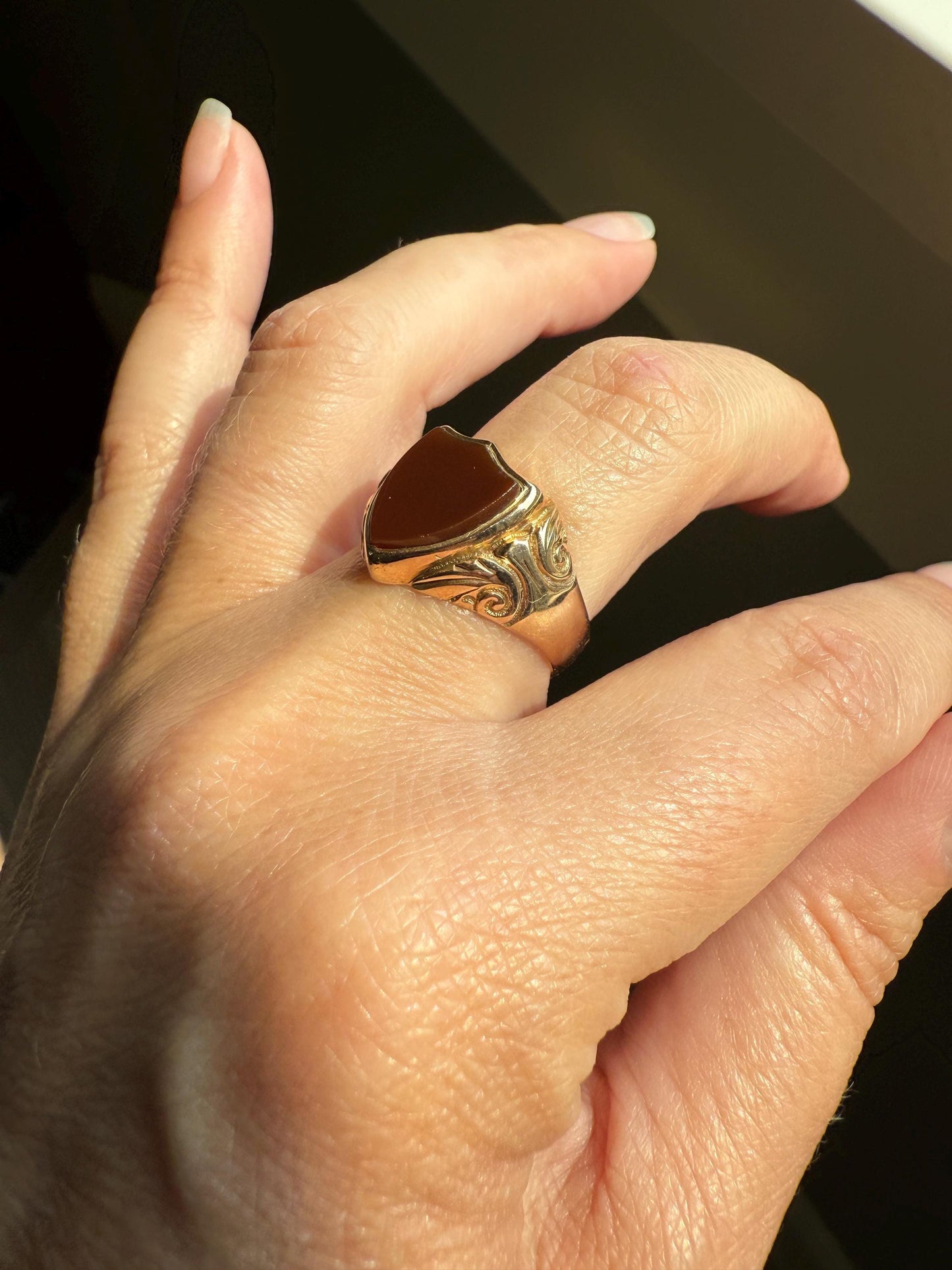 SHIELD Cut Carnelian Chunky Signet Ring 9k Gold Ornate Scrolled Edwardian Man or Unisex Band Stacker Figural Platform