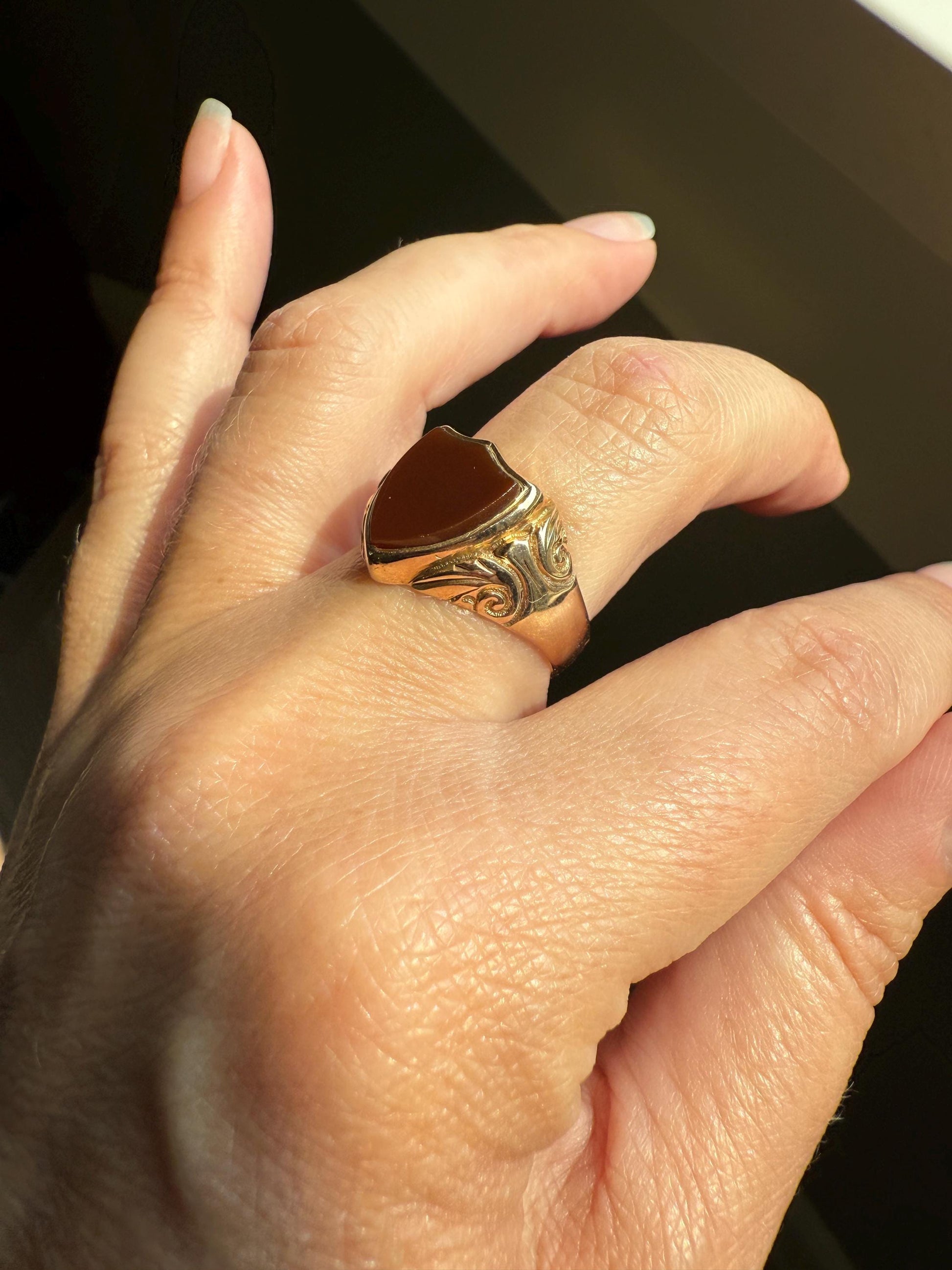 SHIELD Cut Carnelian Chunky Signet Ring 9k Gold Ornate Scrolled Edwardian Man or Unisex Band Stacker Figural Platform