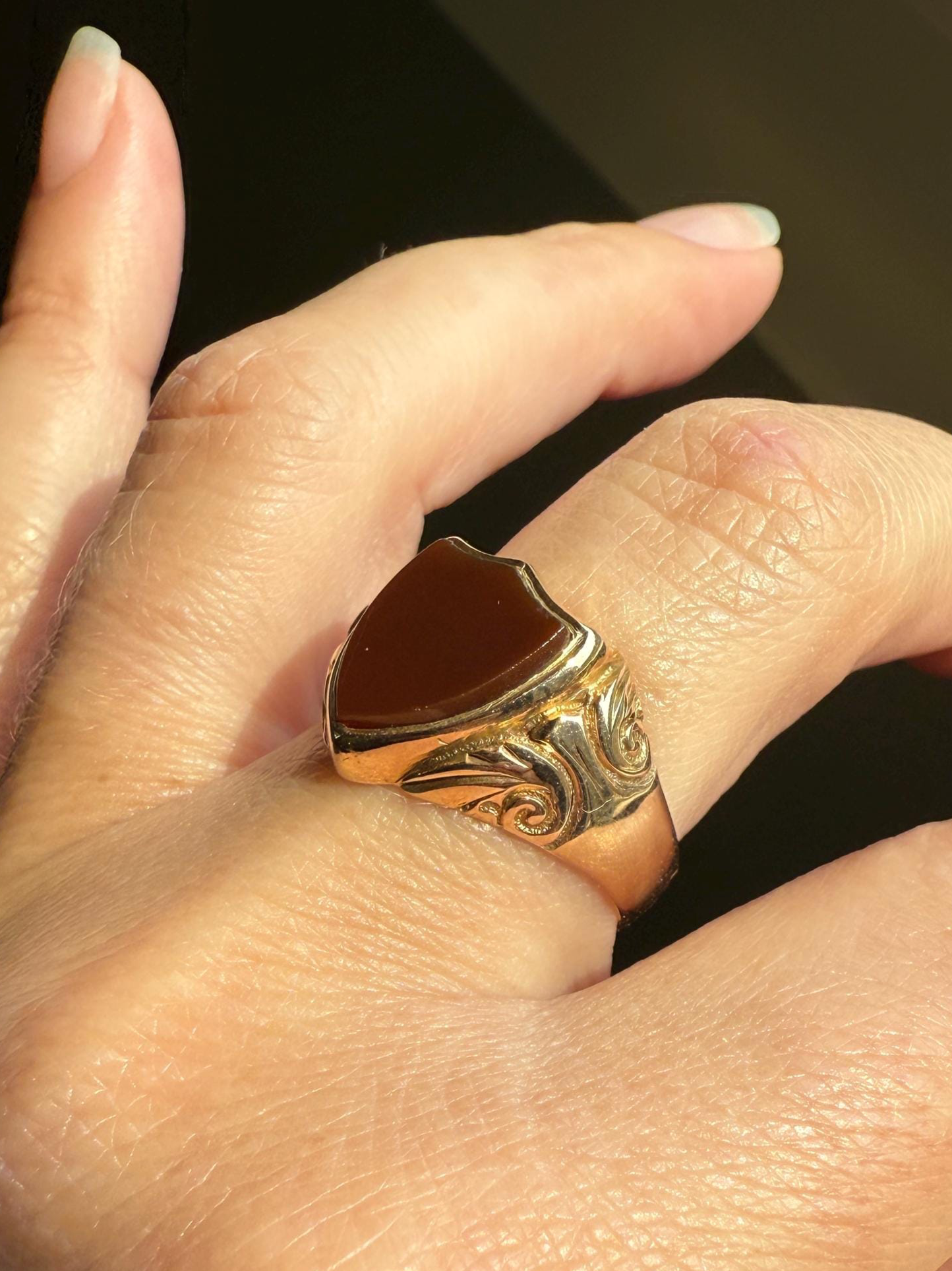 SHIELD Cut Carnelian Chunky Signet Ring 9k Gold Ornate Scrolled Edwardian Man or Unisex Band Stacker Figural Platform