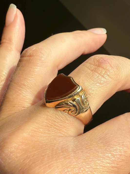 SHIELD Cut Carnelian Chunky Signet Ring 9k Gold Ornate Scrolled Edwardian Man or Unisex Band Stacker Figural Platform