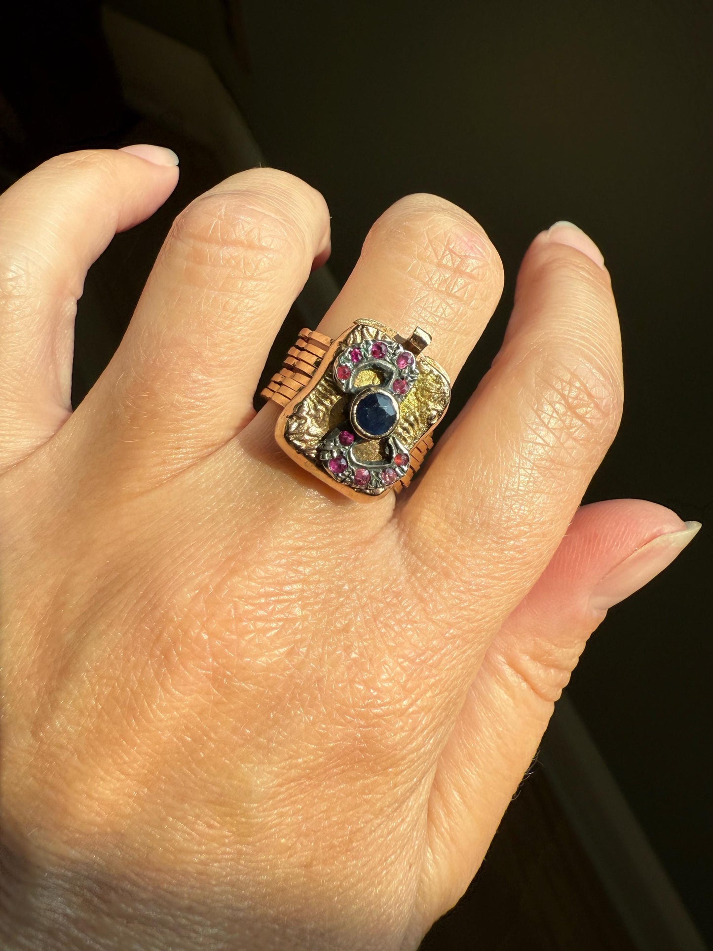 RARE 2 for 1 Convertible RING to BRACELET Surprise Antique Sapphire Ruby Bow 9k Gold Silver Top Clasp Expandable Victorian