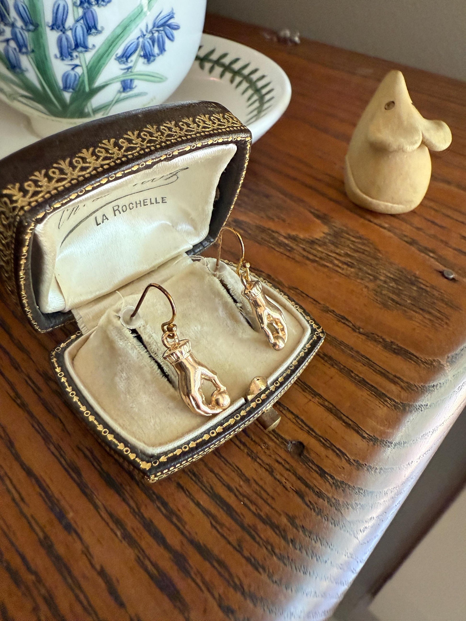 Antique Figural HAND Holding Ball Jester? Cuff Dangle Earrings 10k Gold Cased & GF Unique