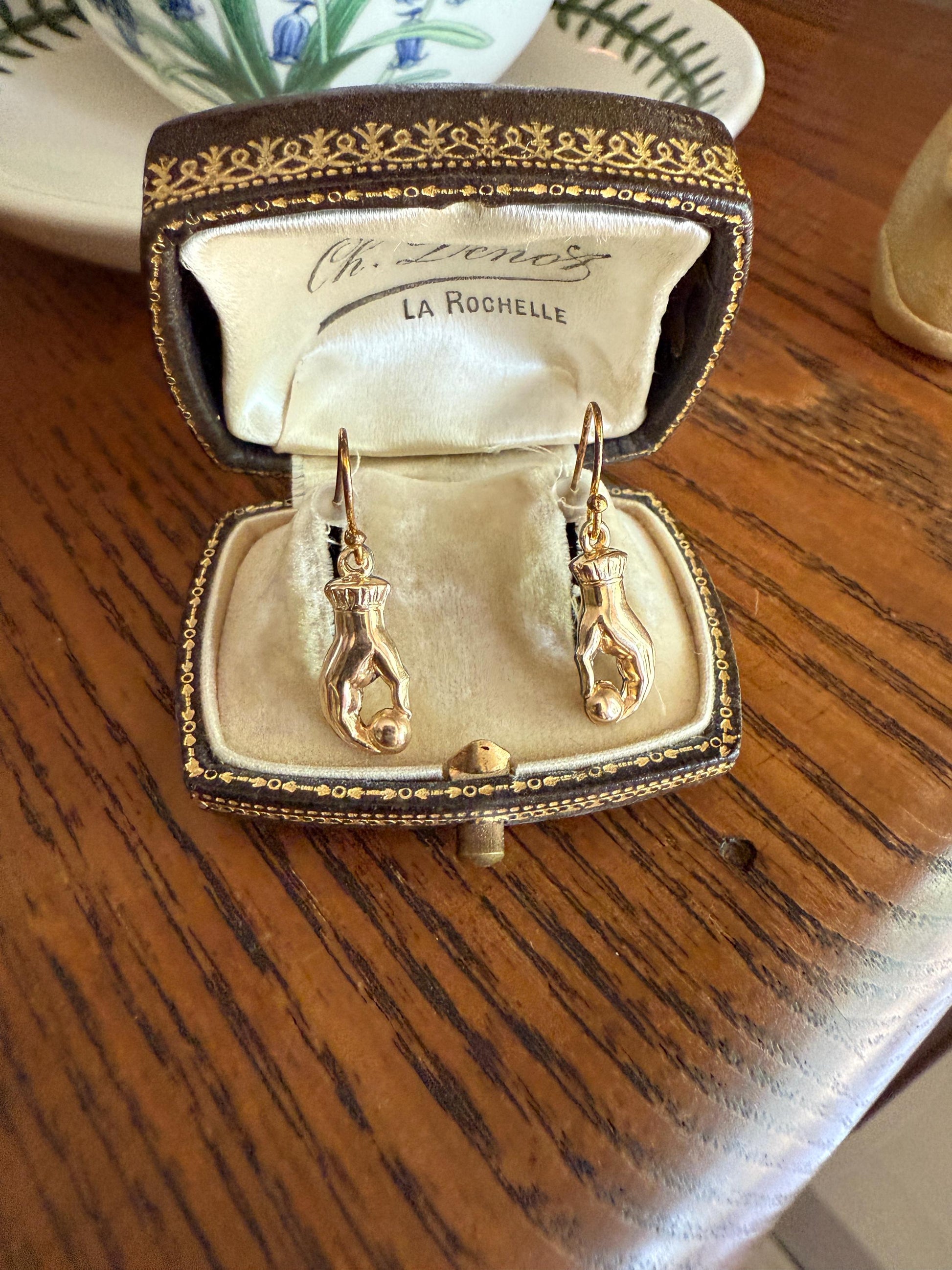 Antique Figural HAND Holding Ball Jester? Cuff Dangle Earrings 10k Gold Cased & GF Unique