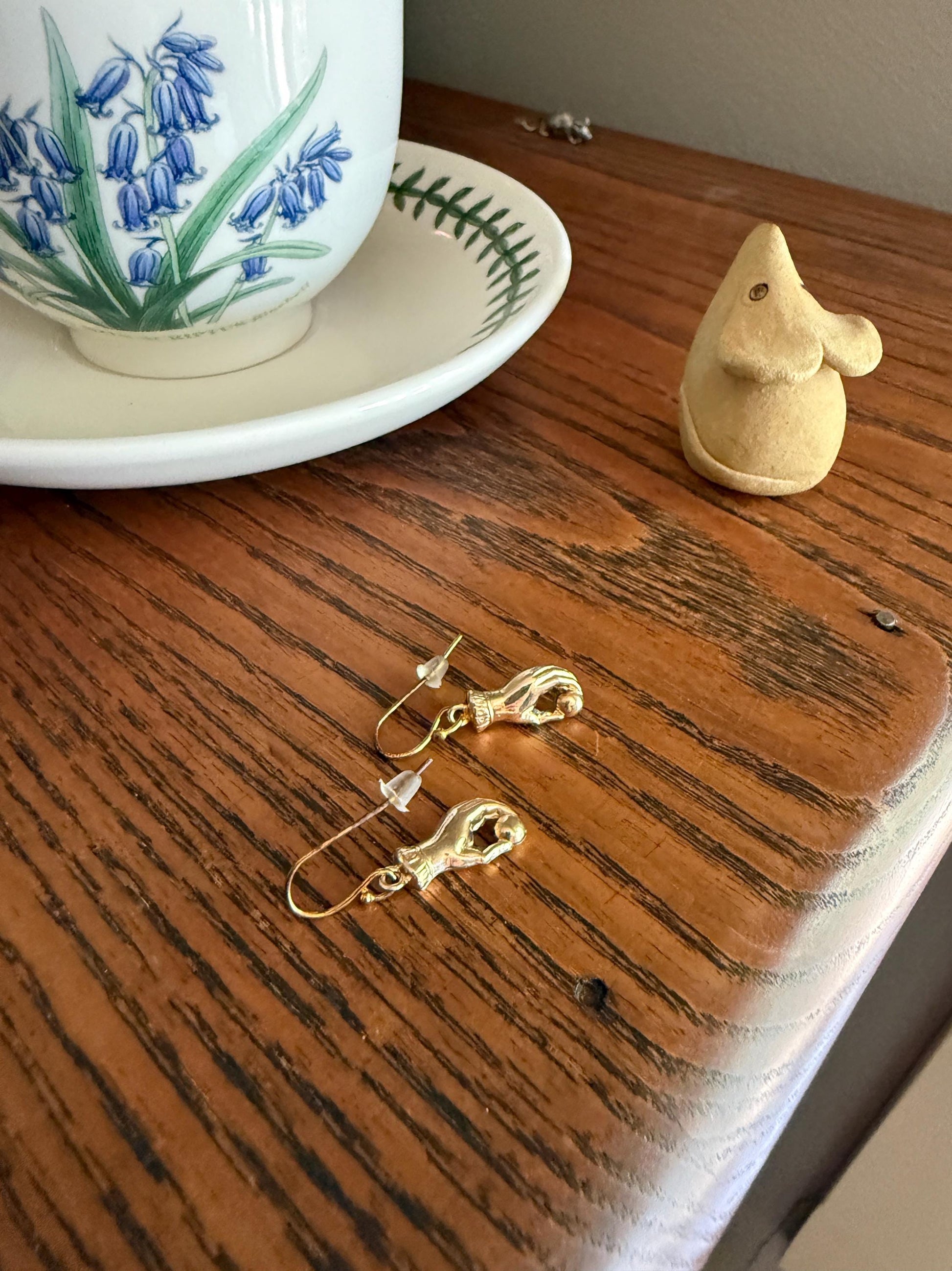 Antique Figural HAND Holding Ball Jester? Cuff Dangle Earrings 10k Gold Cased & GF Unique