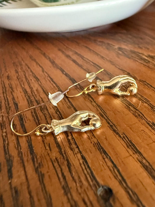 Antique Figural HAND Holding Ball Jester? Cuff Dangle Earrings 10k Gold Cased & GF Unique