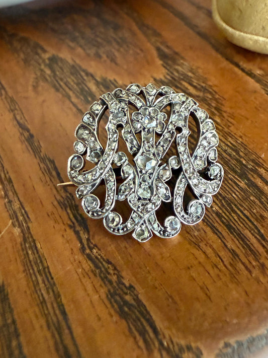 Antique M W 100 + Rose Cut Diamonds Encrusted Initial Medallion 18k Gold Silver Brooch Pin for Pendant French Figural Georgian Victorian