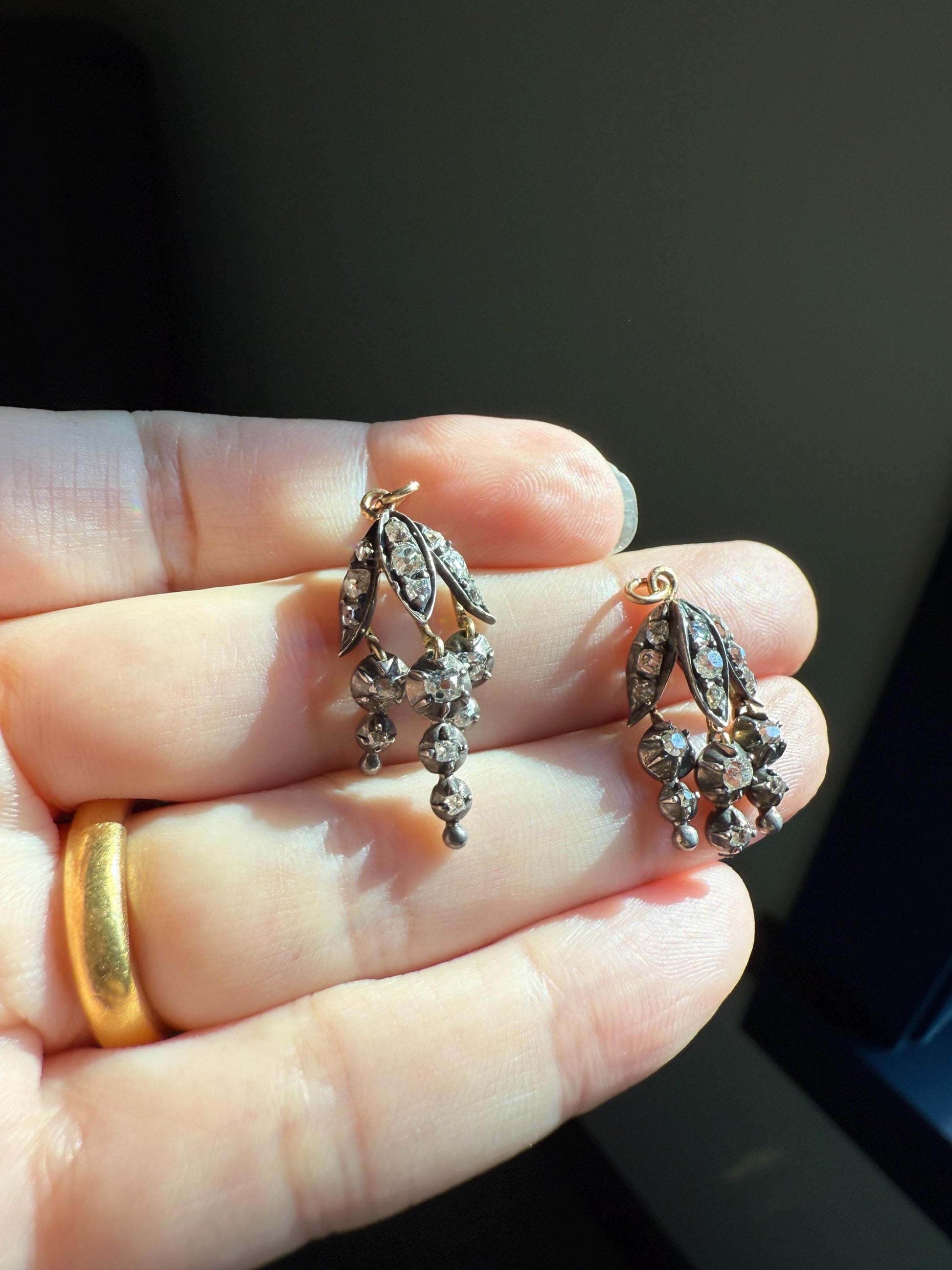 Floral FRINGE Old Mine Cut DIAMOND Drop Pendant 18k Gold Silver Collet Figural 2 Avail Neckmess Neckstack Romantic Gift OMC Dangle Earrings