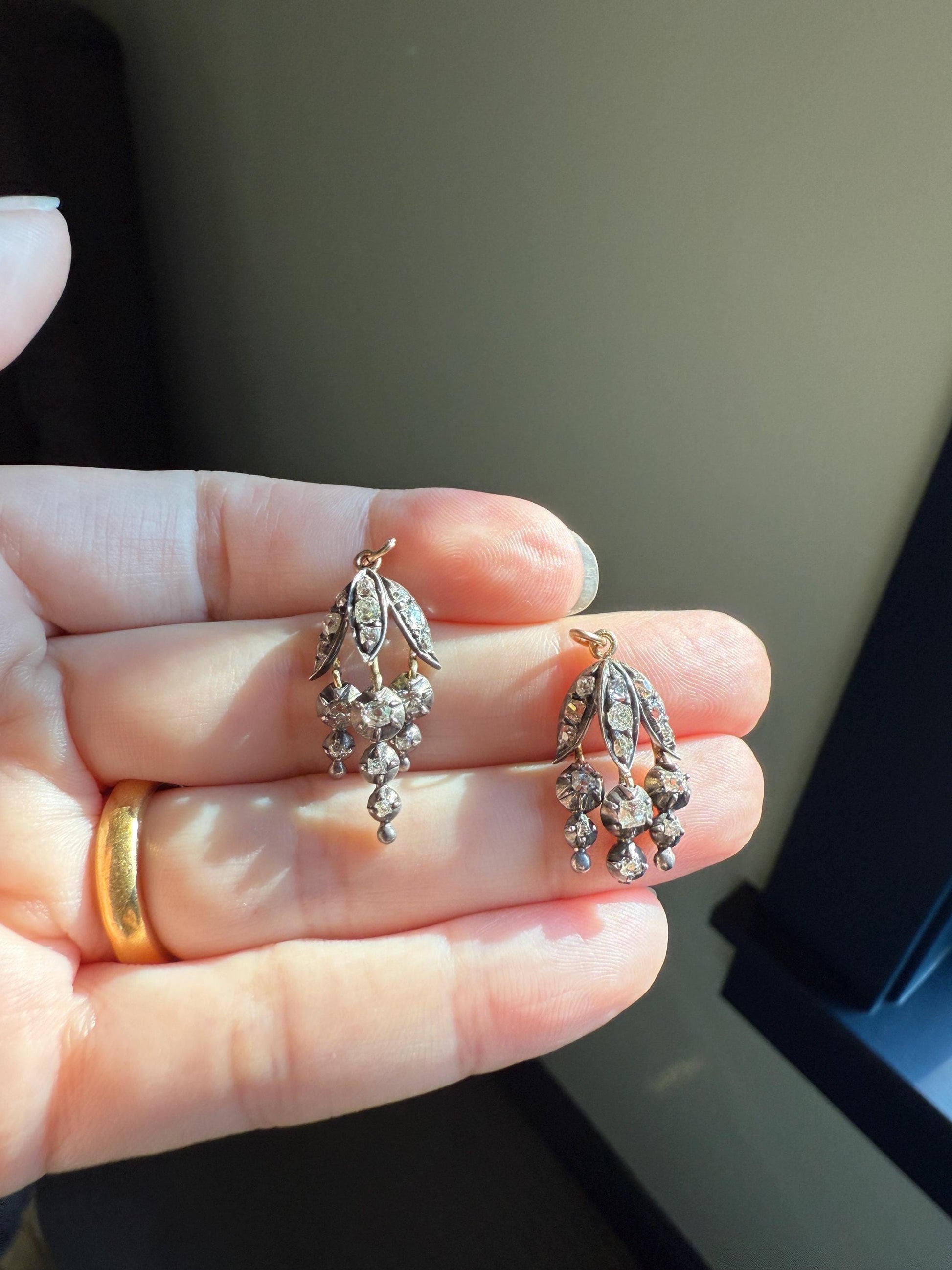 Floral FRINGE Old Mine Cut DIAMOND Drop Pendant 18k Gold Silver Collet Figural 2 Avail Neckmess Neckstack Romantic Gift OMC Dangle Earrings